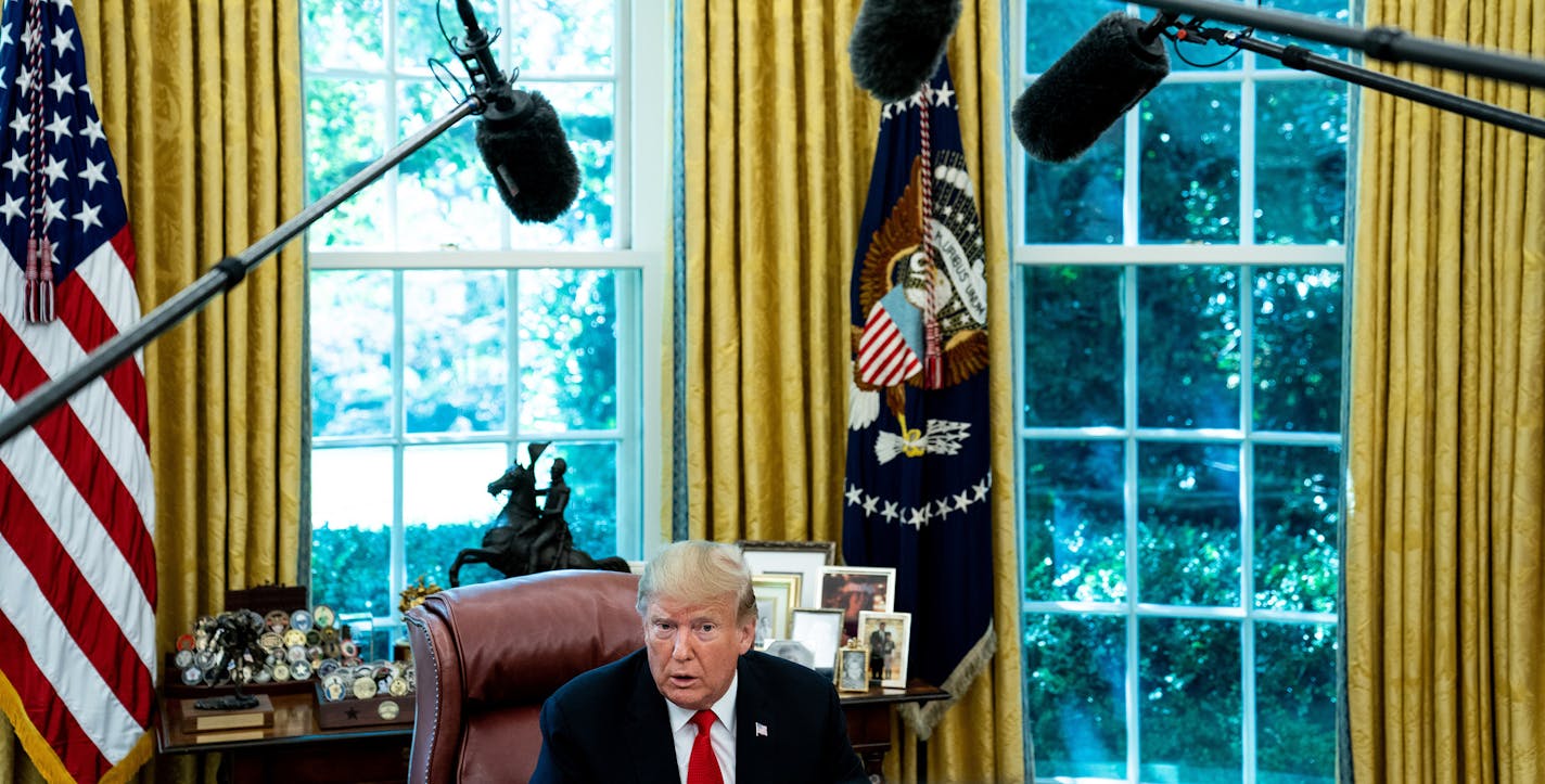 President Donald Trump speaks during a briefing on Hurricane Dorian in the Oval Office at the White House in Washington, Sept. 4, 2019. Trump&#x2019;s primary focus for 2020, according to one Republican pollster, is to connect his actions as president to positive economic news &#x201c;in such a way that people understand and see how it&#x2019;s personally translating in their lives.&#x201d; (Erin Schaff/The New York Times)