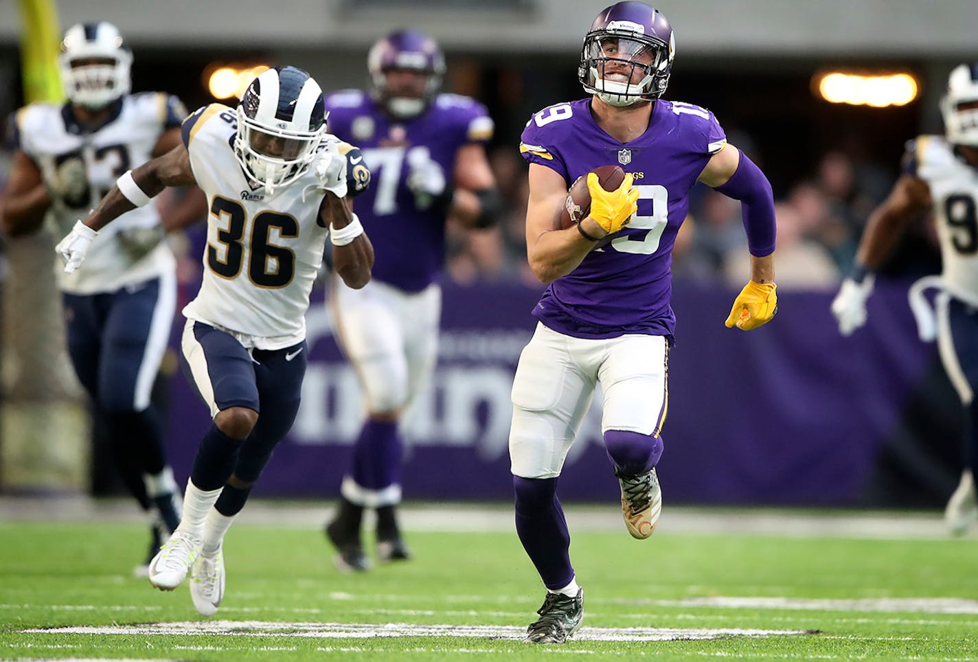 Minnesota Vikings wide receiver Adam Thielen (19) left a pack of Rams behind on a 65 yard touchdown catch at U.S. Bank Stadium Sunday November 19, 2017 in Minneapolis, MN.