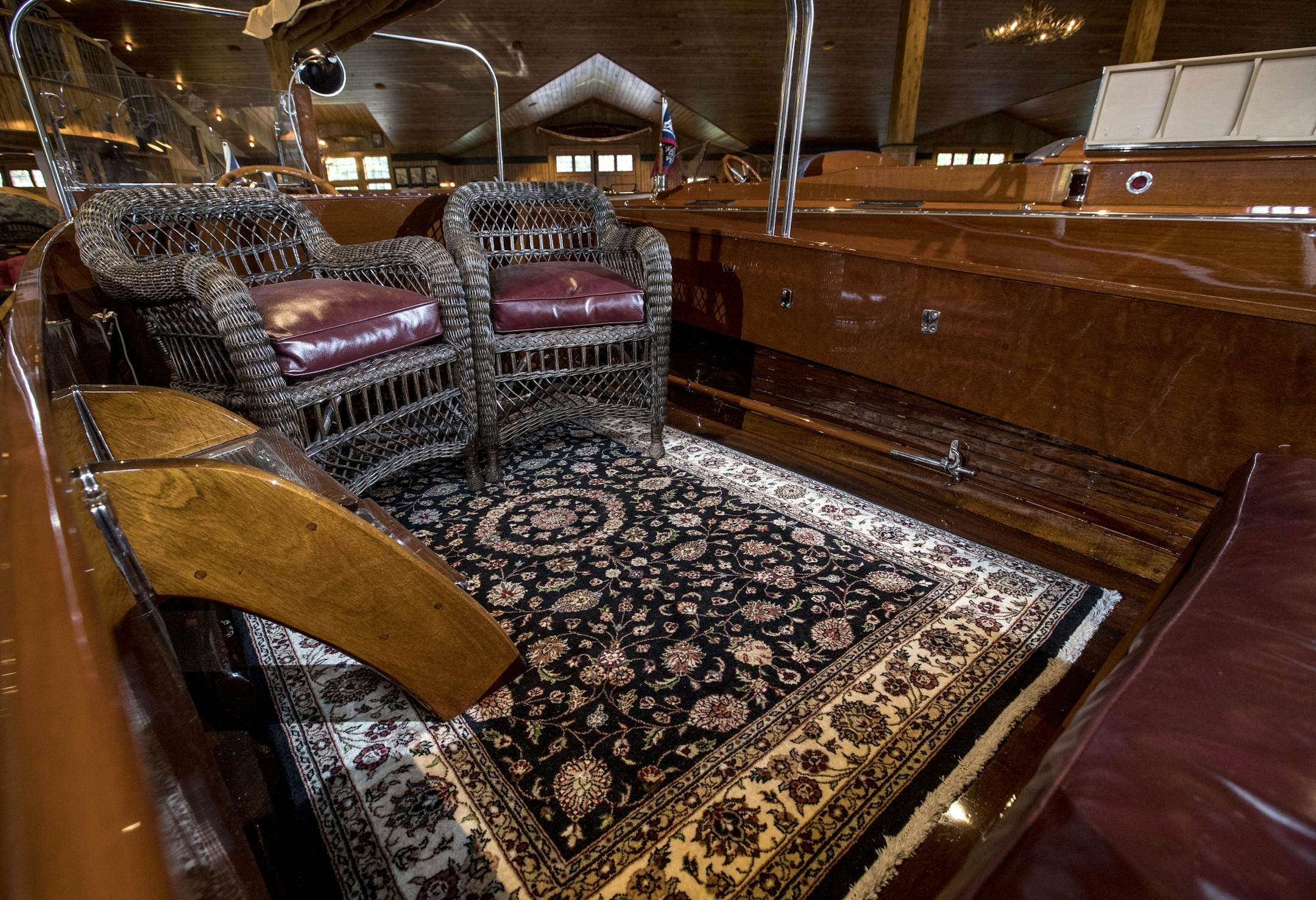 The interior of the Princess Paige, a custom 1926 26-foot Earl C. Barnes launch built in Gravenhurst Canada and is a classic example of the world renown Lake Muskoka, Ontario, Canada handcrafted mahogany launches. This was the first commissioned boat built by the famous Canadian NAVAL architect after leaving the Minett Boat Company in 1925. Barnes was a premier Canadian builder who built some of the most stunning designed boats of the 1920's and 1930's and always had custom hardware that Barnes