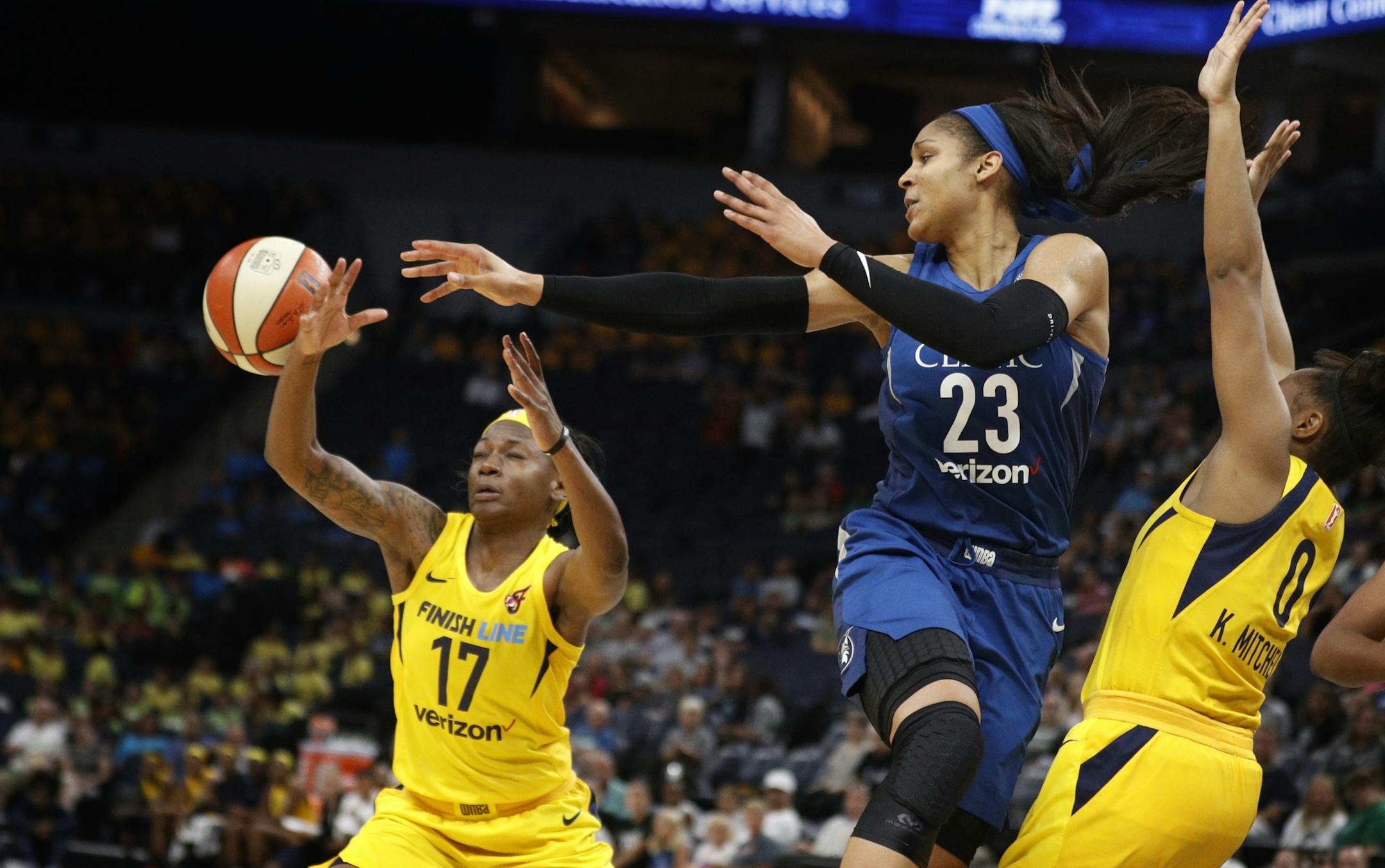 Maya Moore passed to ball to a teammate at Target Center Wednesday July 18, 2018 in Minneapolis , MN.