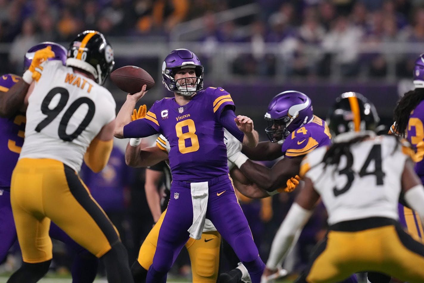 Minnesota Vikings quarterback Kirk Cousins (8) threw under pressure in the first quarter of an NFL game between the Minnesota Vikings and the Pittsburgh Steelers Thursday, Dec. 9, 2021 at U.S. Bank Stadium in Minneapolis. ] ANTHONY SOUFFLE • anthony.souffle@startribune.com