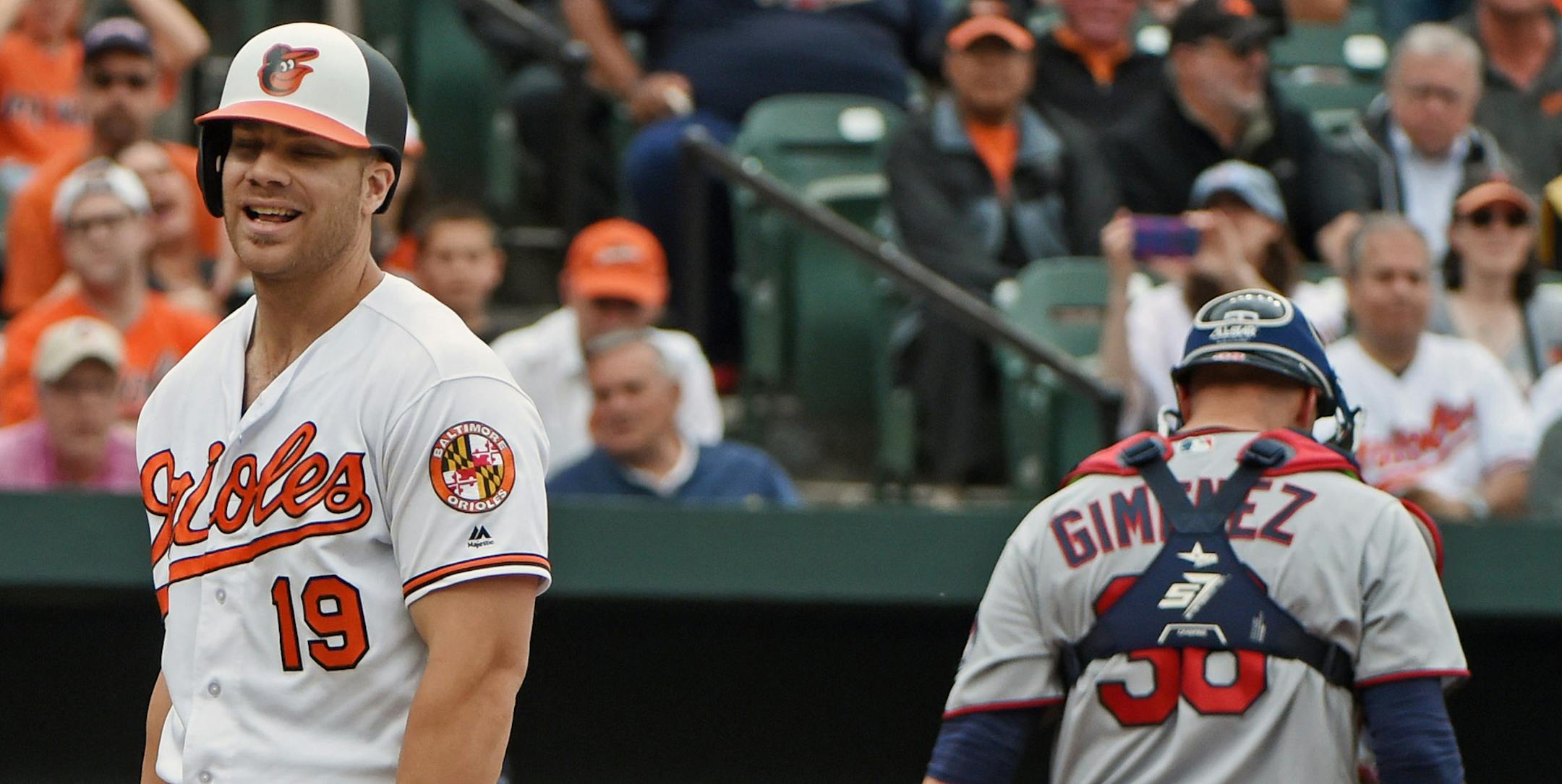 The Orioles' Chris Davis, left, reacts after he struck out looking ending the eighth inning stranding two base runners at Oriole Park at Camden Yards Wednesday, May 24, 2017 in Baltimore, Md. The Twins won, 4-3. (Kenneth K. Lam/The Baltimore Sun/TNS)