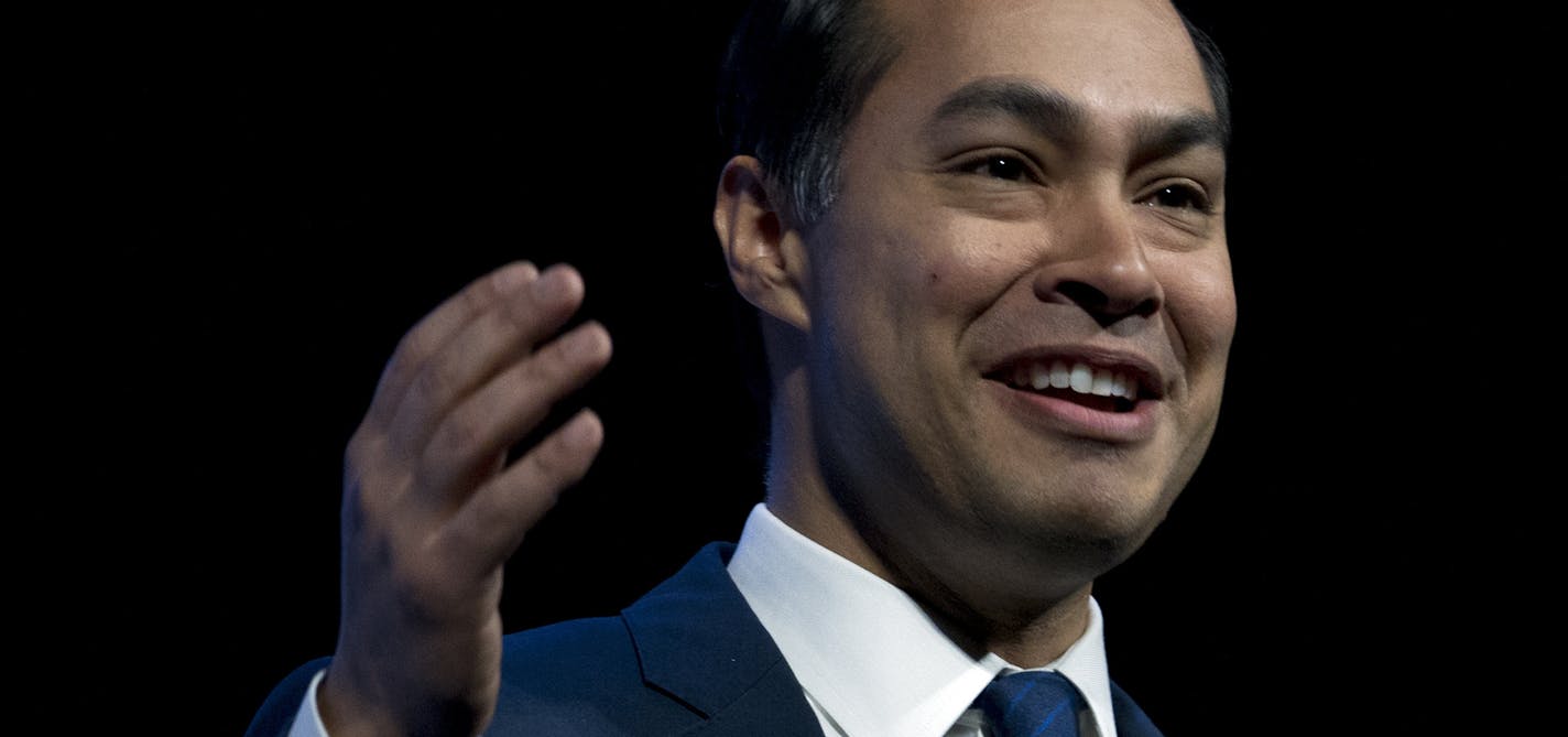 Former Housing and Urban Development Secretary and Democratic presidential candidate Julian Castro speaks during the We the People Membership Summit, featuring the 2020 Democratic presidential candidates, at the Warner Theater, in Washington, Monday, April 1, 2019. (AP Photo/Jose Luis Magana)