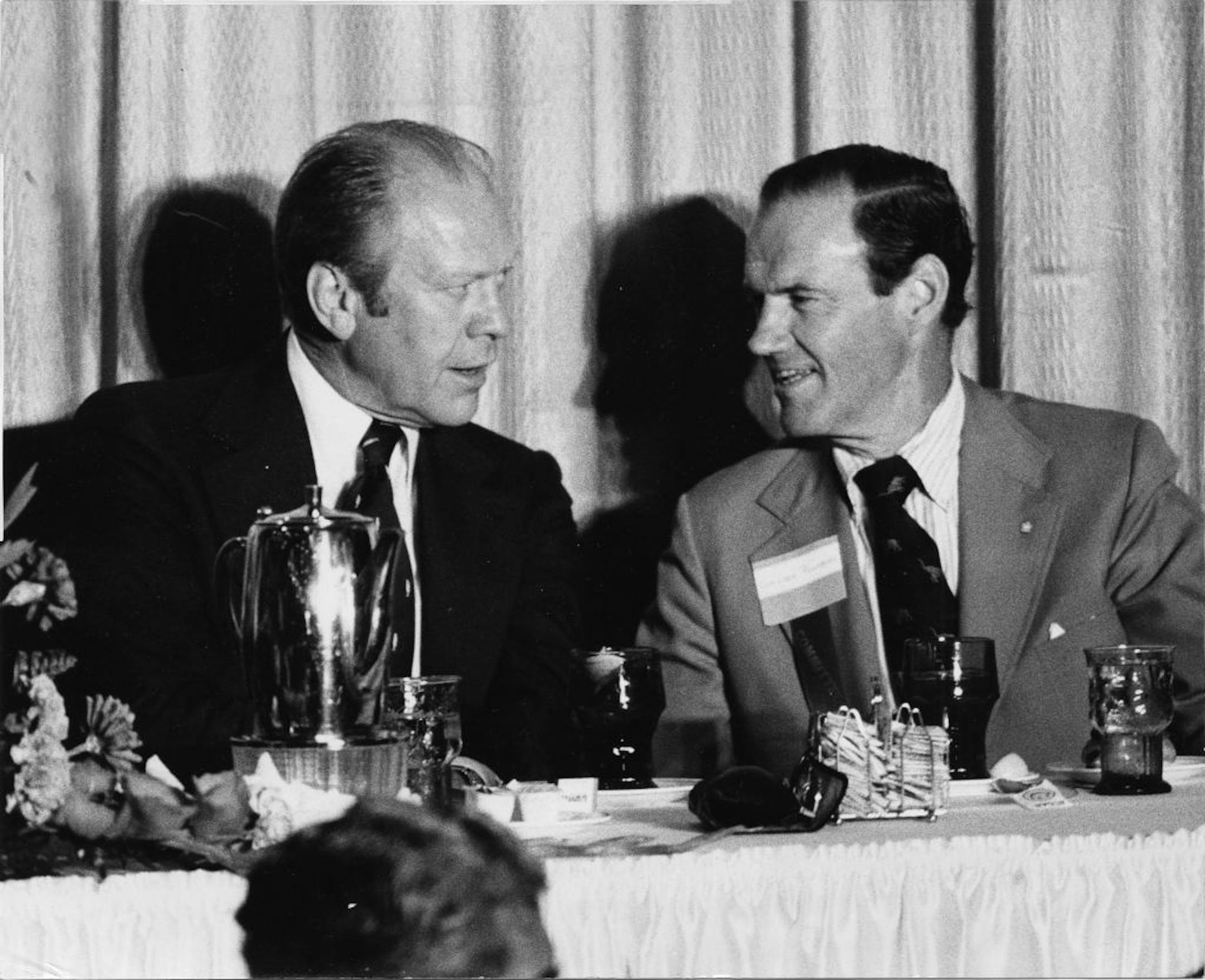 Gerald Ford, left, and Sen. George Pillsbury at the Registry Hotel during a visit to Minnesota in 1975. Star Tribune file photo by Jack Gillis dated August 16, 1975.