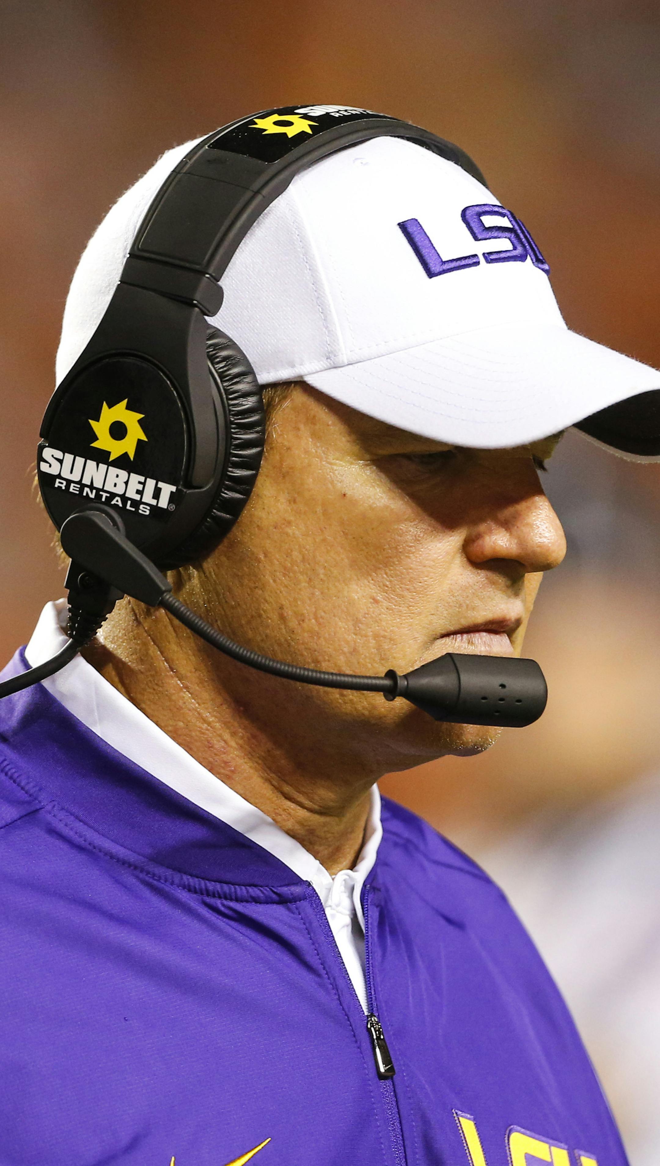 LSU head coach Les Miles walks along the sidelines during the second half of an NCAA college football game against Auburn, Saturday, Sept. 24, 2016, in Auburn, Ala. (AP Photo/Butch Dill)