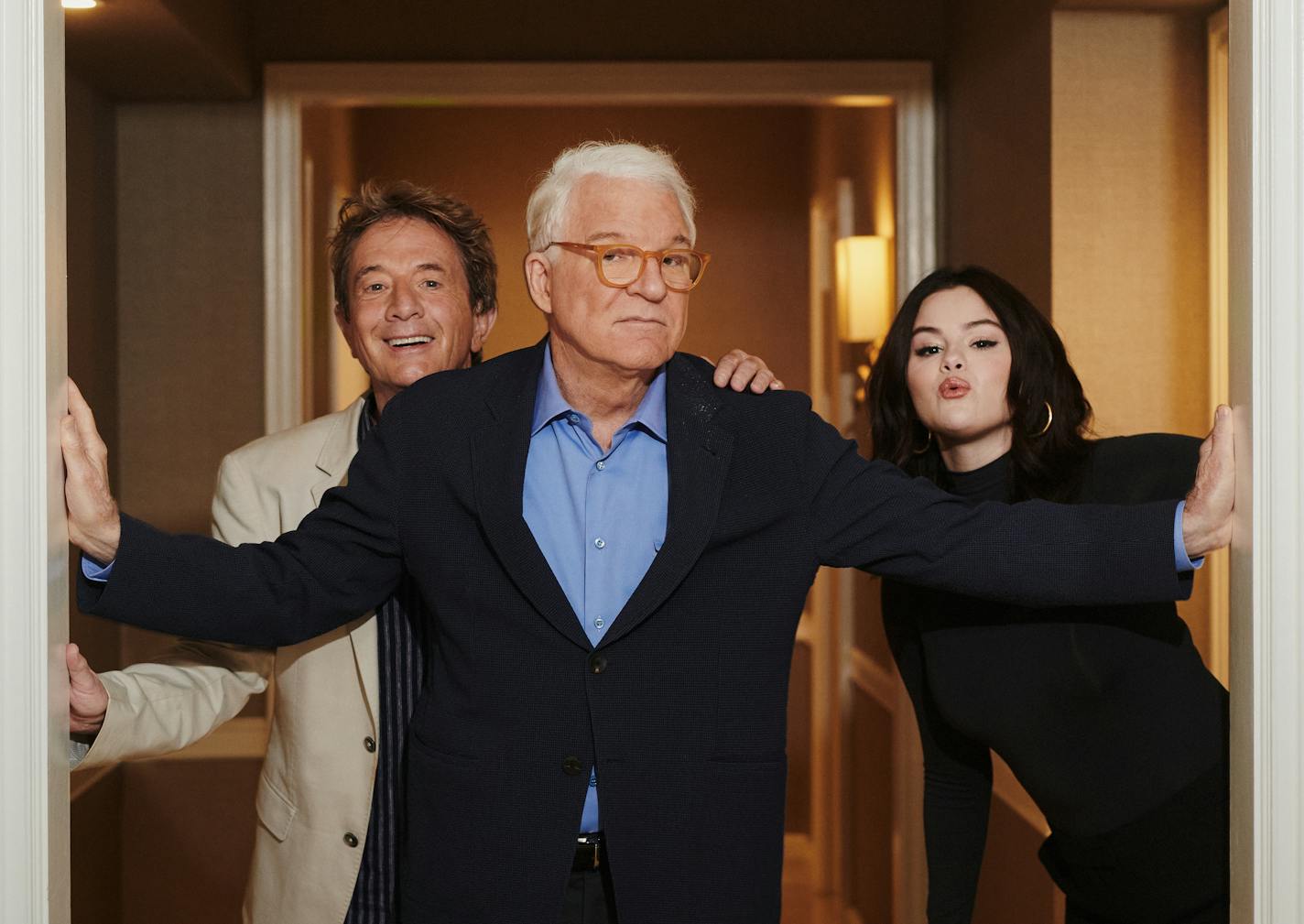 — STANDALONE PHOTO FOR USE AS DESIRED WITH YEAREND REVIEWS — The actors Martin Short, left, Steve Martin, and Selena Gomez, in Beverly Hills, Calif., July 6, 2021. The three stars forge an unexpected partnership in the Hulu crime comedy series ÒOnly Murders in the Building.Ó (Jake Michaels/The New York Times)