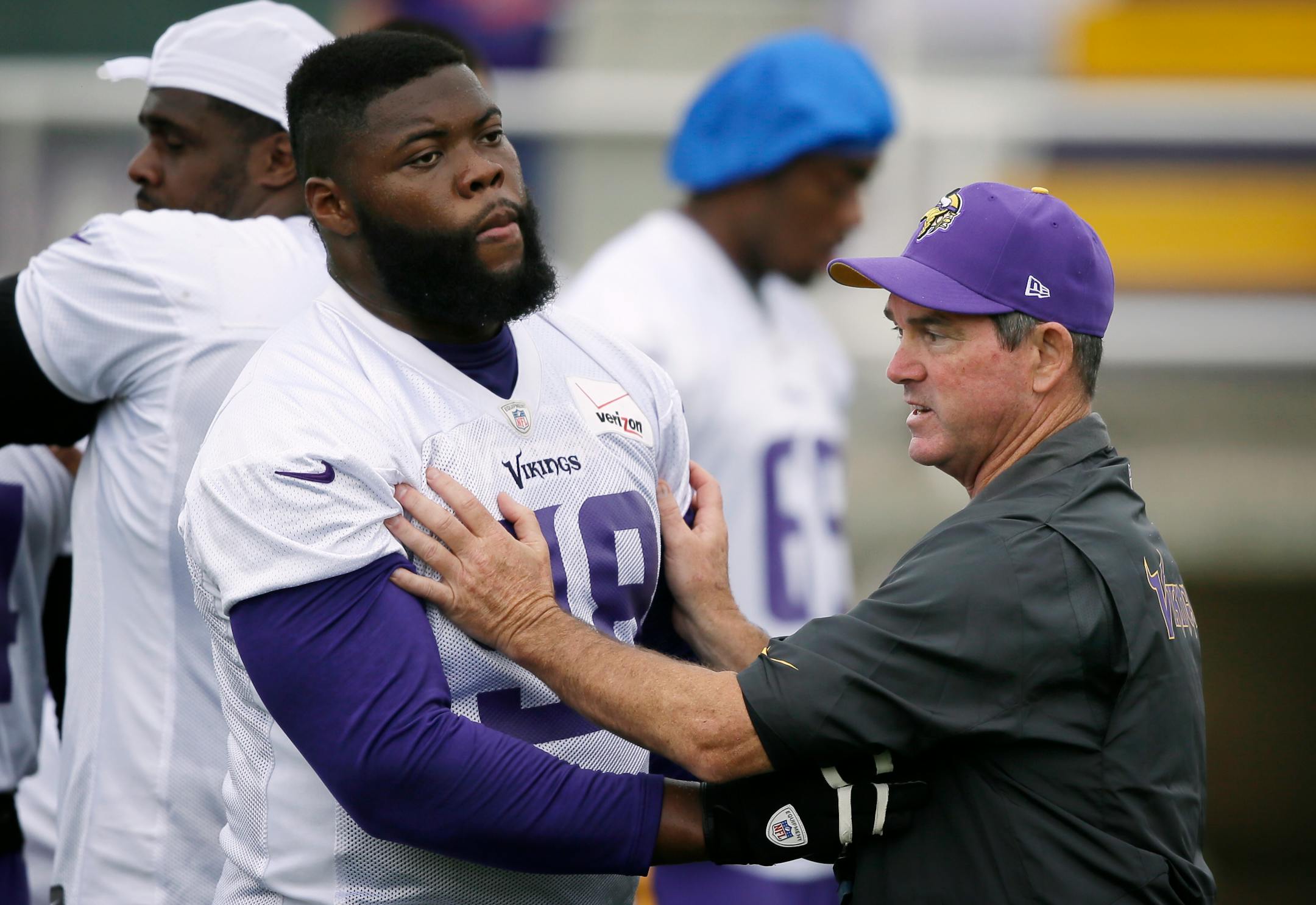 Vikings defensive tackle Linval Joseph, receiving instruction from coach Mike Zimmer earlier in training camp, suffered a minor calf wound in a nightclub shooting but is expected to be ready for the Sept. 7 season opener.