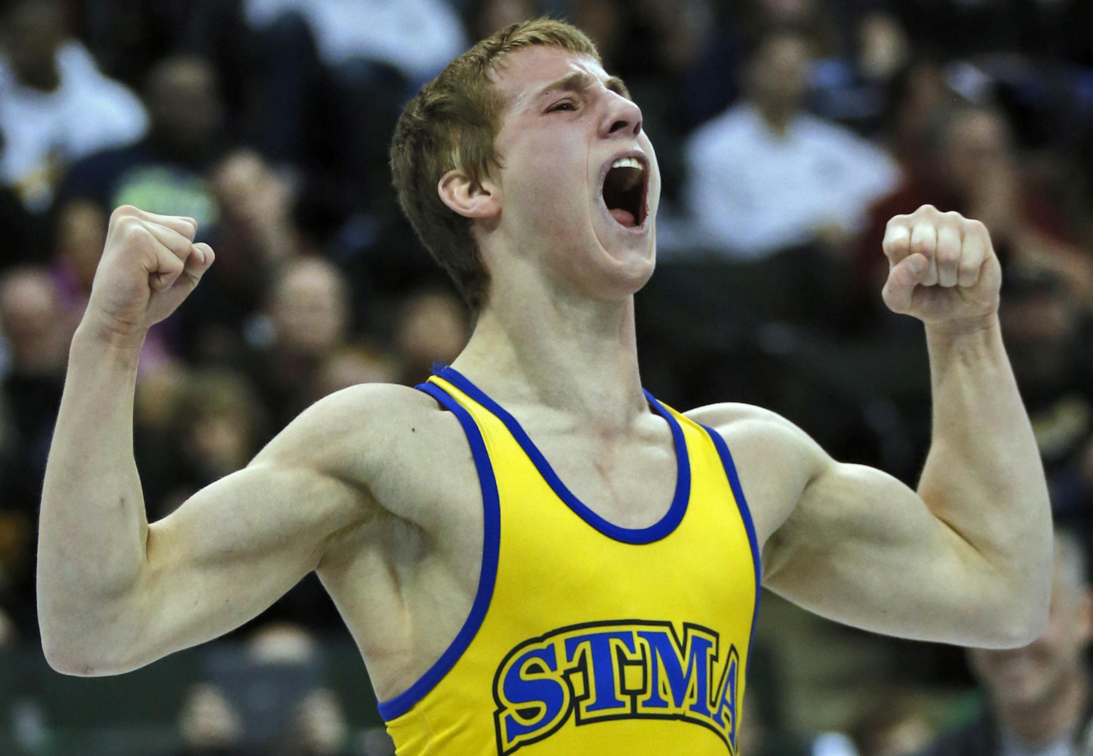 Tommy Thorn of St. Michael-Albertville celebrated his victory in the 3A 126lb championship match. [ Prep State Wrestling Individual Championships (MARLIN LEVISON/STARTRIBUNE(mlevison@startribune.com)