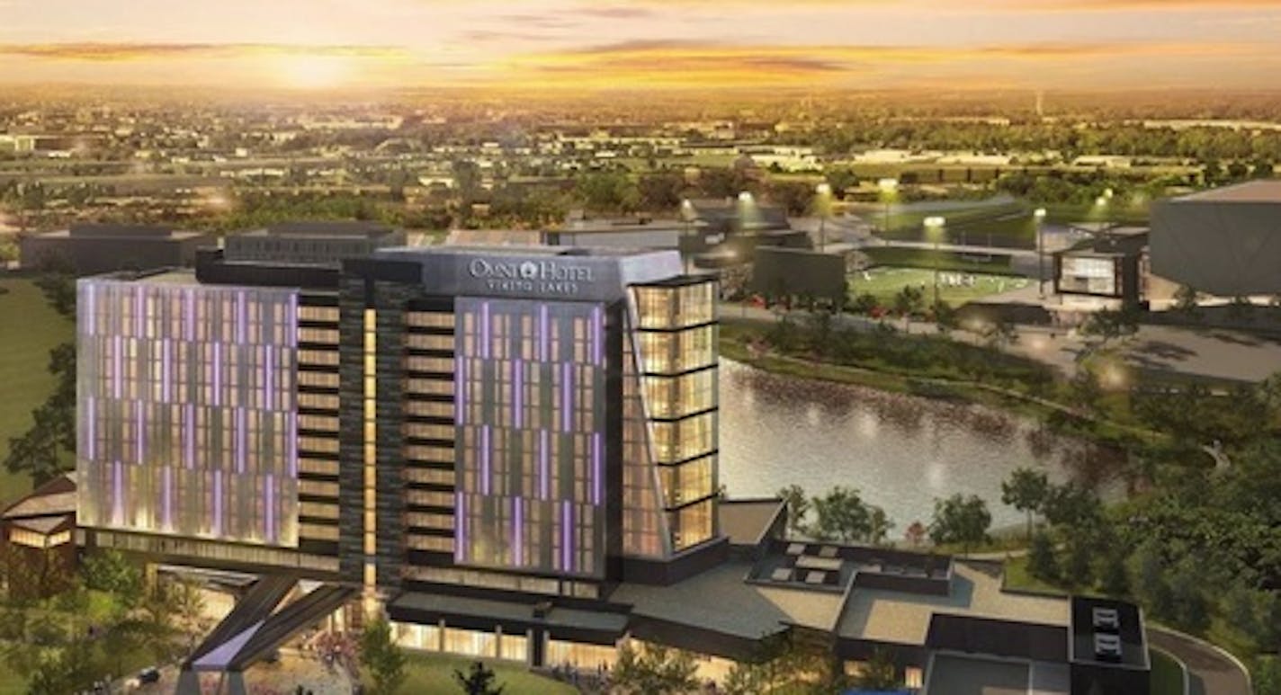 Rendering of the planned Omni Viking Lakes Hotel in Eagan. The hotel is under construction and expected to open this fall, and two apartment complexes with 261 units are expected to open in December 2021