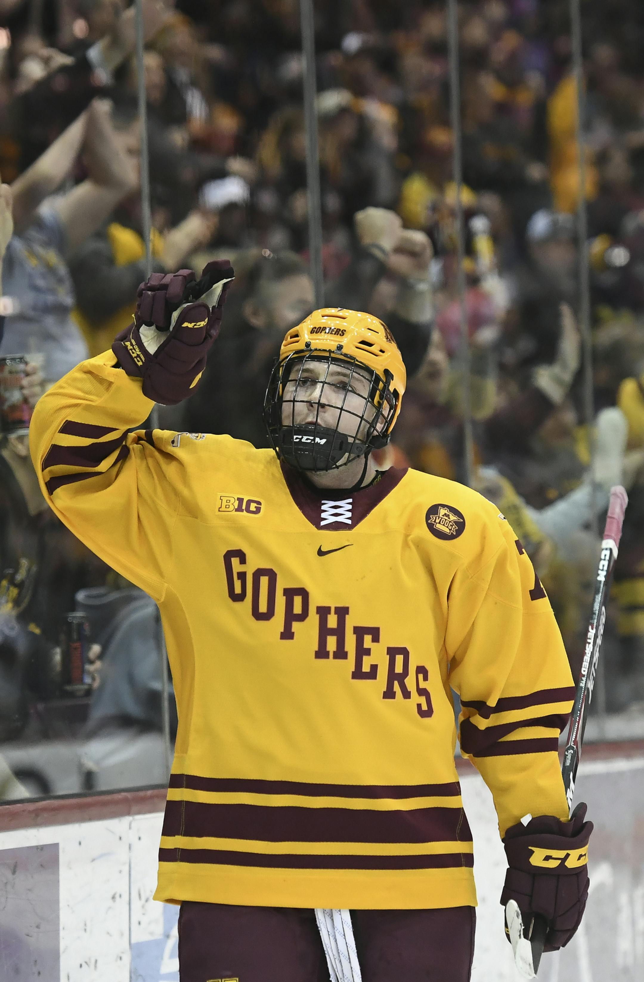Minnesota Gophers forward Brannon McManus (7) celebrated his second period goal against the Ohio State Buckeyes. ] Aaron Lavinsky • aaron.lavinsky@startribune.com The University of Minnesota Golden Gophers played The Ohio State University Buckeyes on Saturday, Jan. 25, 2020 at the 3M Arena at Mariucci in Minneapolis, Minn.