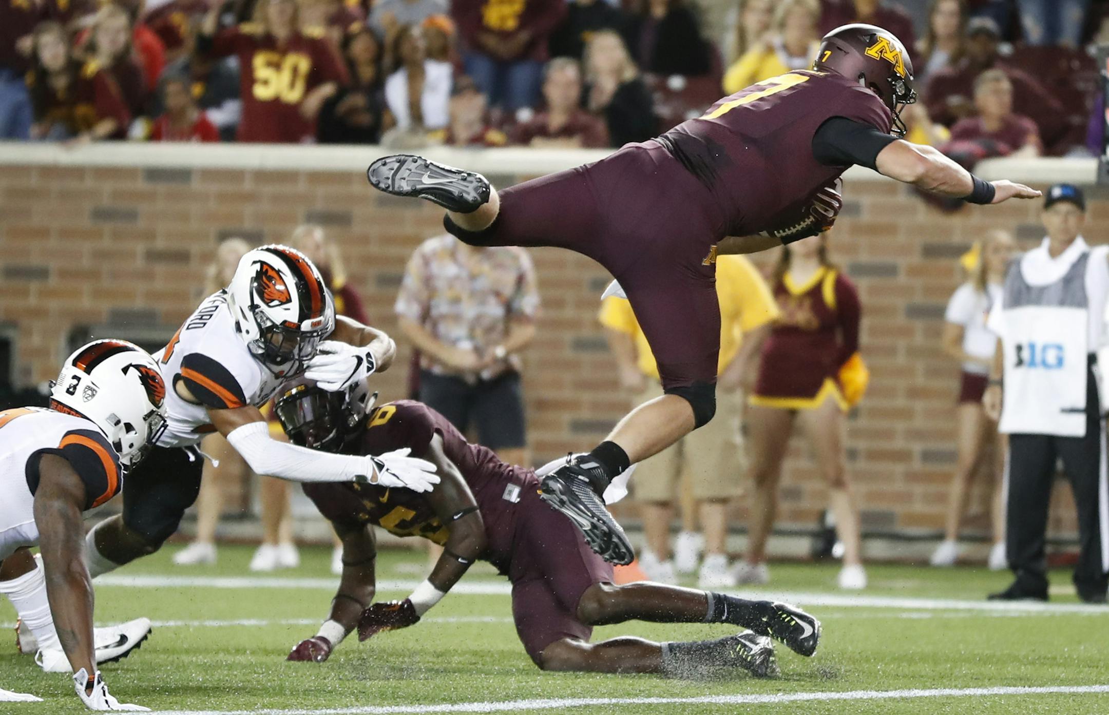 Minnesota Golden Gophers quarterback Mitch Leidner jumped into the end zone for a second quarter touchdown at TCF Bank Stadium Thursday September 1,2016 in Minneapolis, MN.] The Minnesota Golden Gophers hosted Oregon State Beavers Thursday night at TCF Bank Stadium. Jerry Holt / jerry. Holt@Startribune.com