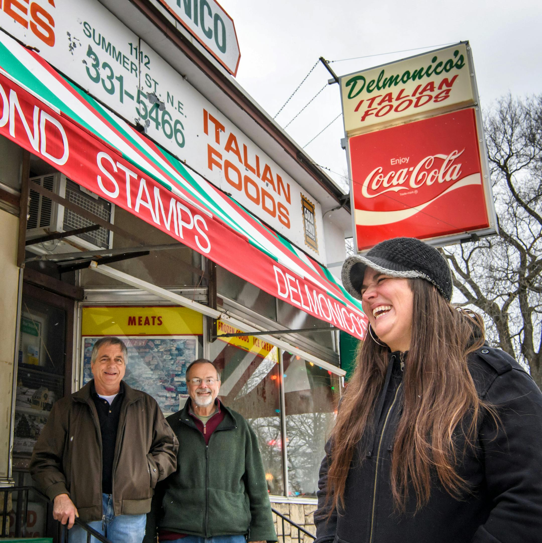 Owner Jessica Rivera with former owners Bob and Terry Delmonico. They have become like her Italian uncles she said. ] GLEN STUBBE * gstubbe@startribune.com Thursday, Dec 6, 2016 Jessica Rivera's is working to resurrect the shuttered Delmonico's in Northeast Minneapolis. Rivera, the owner since 2014, with Bob Delmonica, a member of the selling family that had owned the store since it opened in 1929 and Terry Delmonica, Bob's cousin who worked in the store for 40-plus years with Bob. EDS, Bob and