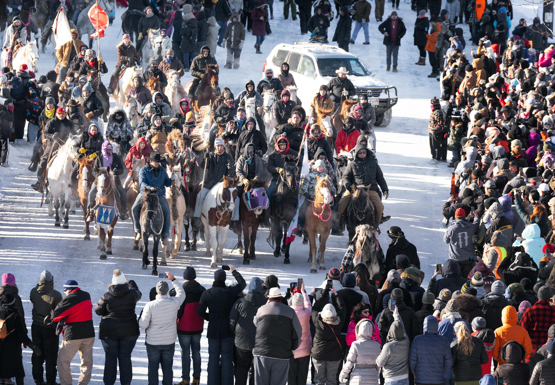 The last official Dakota 38+2 riders arrived at Reconciliation Park in Mankato, Minn., Monday December 26, 2022.