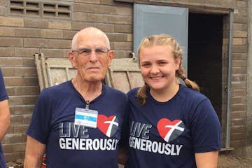 At 87, Orin Scandrett went to a remote village in Cambodia to build houses for the poor. At right is 18-year-old Hannah Anfinrud, the trip's youngest 