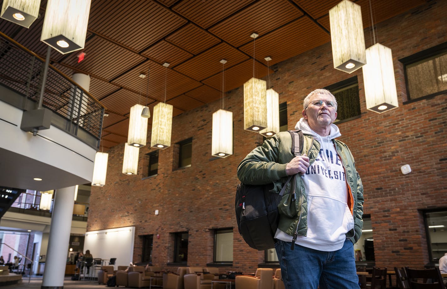 Student Brad Williams posed for a photo on the campus of Bethel University. ] LEILA NAVIDI &#x2022; leila.navidi@startribune.com BACKGROUND INFORMATION: Student Brad Williams posed for a photo on the campus of Bethel University in St. Paul on Tuesday, March 3, 2020. At 70 years old, Woodbury resident Brad Williams is a college student again. The Vietnam War veteran, husband, and grandfather is completing his sophomore year at Bethel University, pursuing a business degree. He left college in the