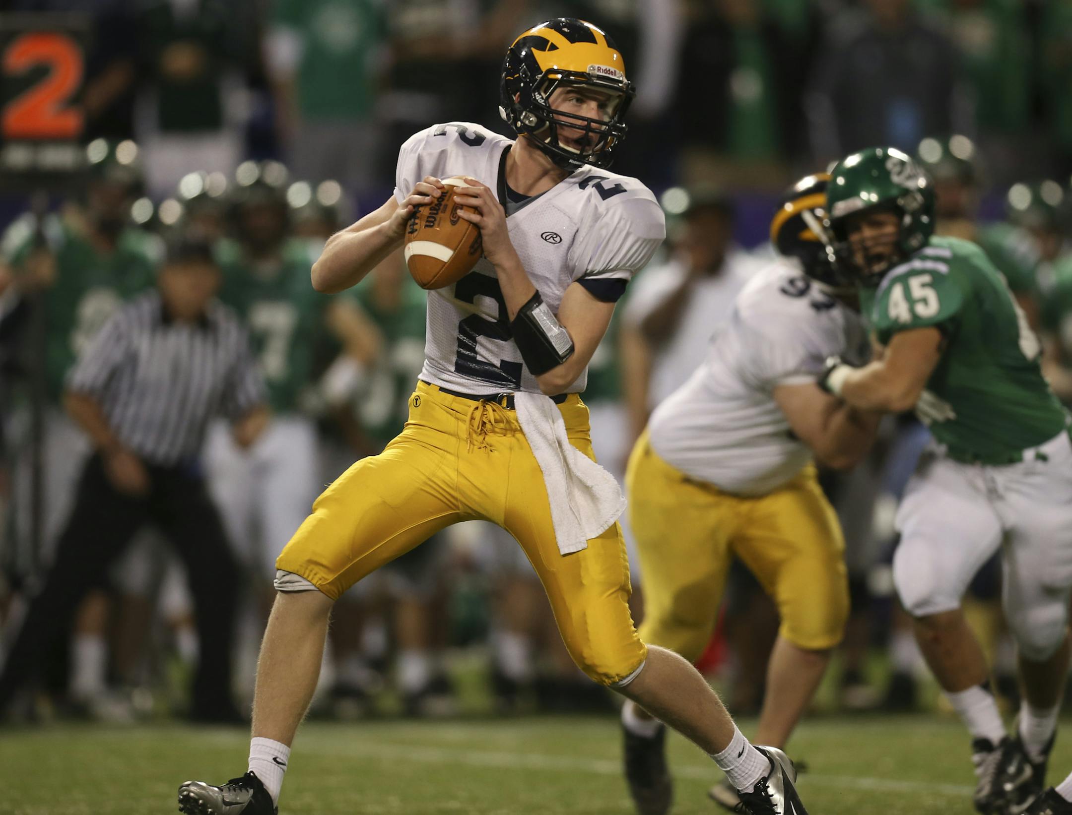 Rosemount upset Edina 14-10 in their Class 6A high school football quarterfinal game at the Metrodome in Minneapolis, Minn. Thursday night, November 8, 2012. Rosemount quarterback Jackson Erdmann dropped back to pass in the third quarter. ] JEFF WHEELER ‚Ä¢ jeff.wheeler@startribune.com