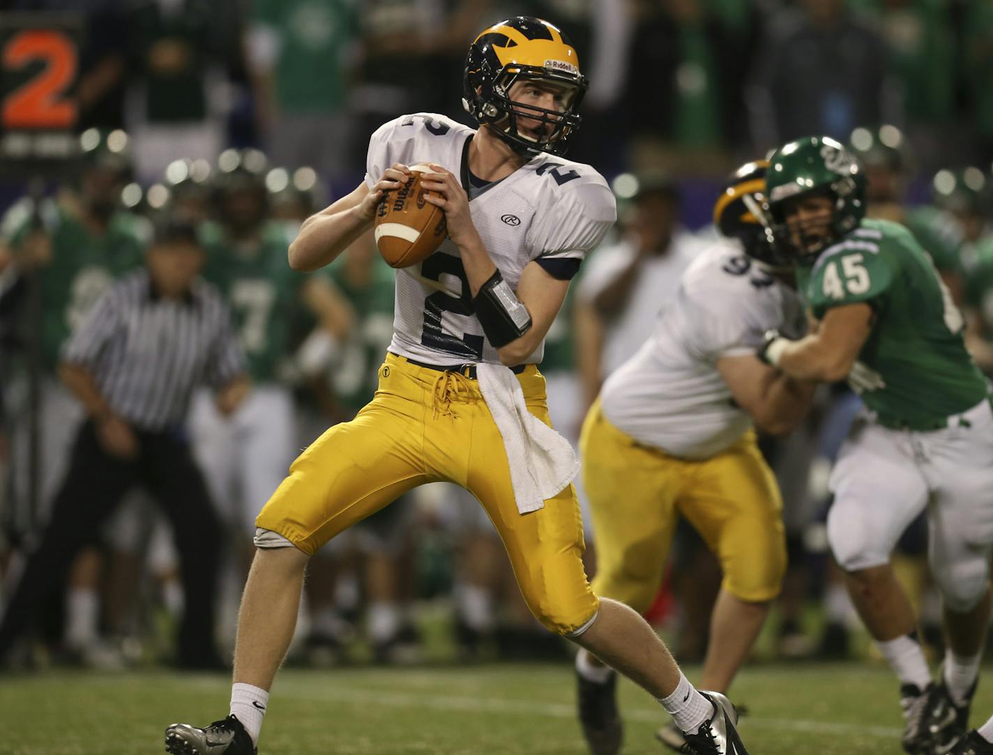 Rosemount upset Edina 14-10 in their Class 6A high school football quarterfinal game at the Metrodome in Minneapolis, Minn. Thursday night, November 8, 2012. Rosemount quarterback Jackson Erdmann dropped back to pass in the third quarter. ] JEFF WHEELER &#x201a;&#xc4;&#xa2; jeff.wheeler@startribune.com