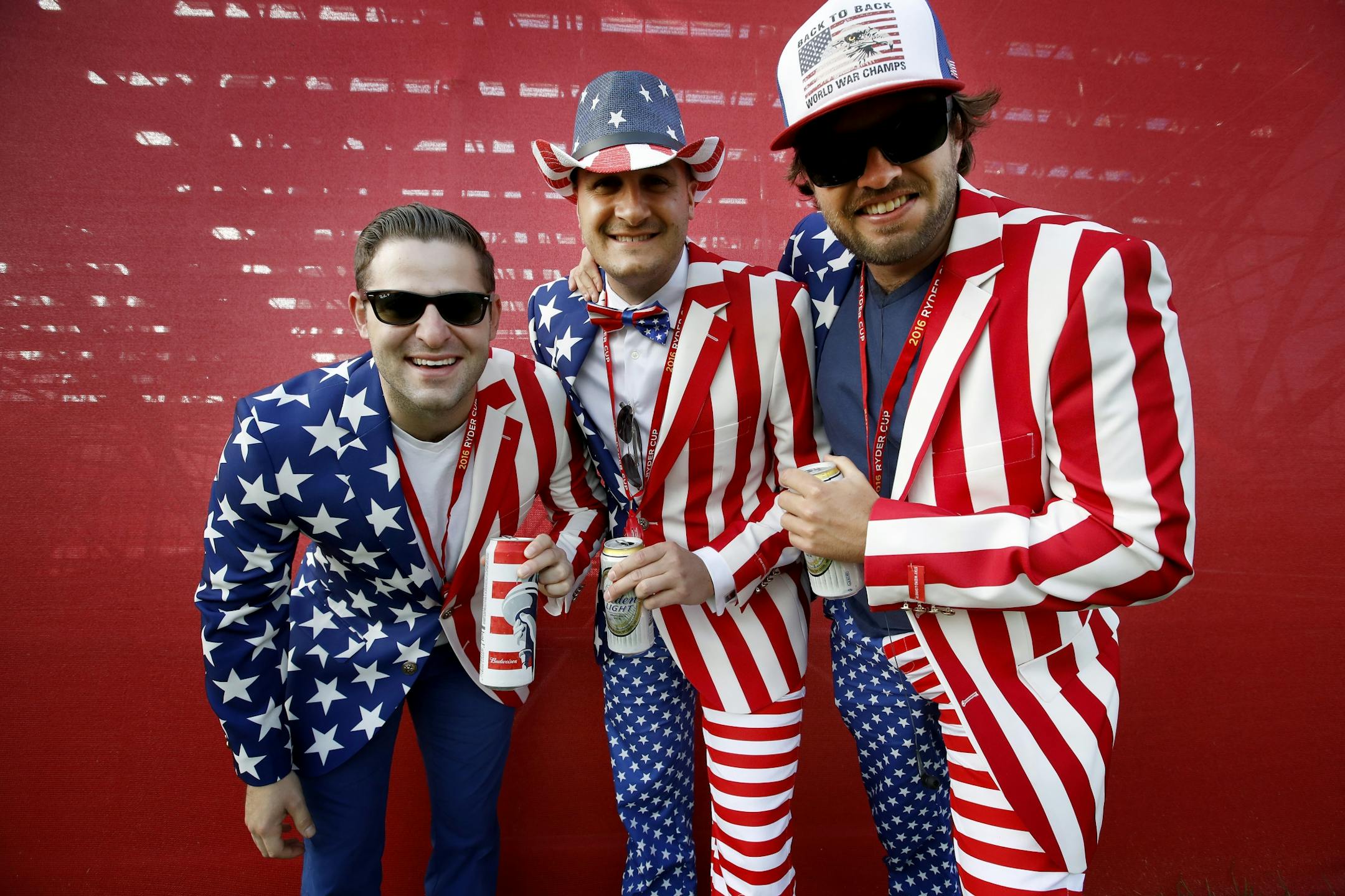 Team USA fans Justin Agnew, Conner Staley, Sam Hoffman of Denver, CO at the Ryder Cup - Hazeltine National Golf Club.