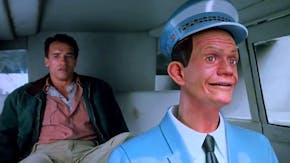 Quaid (Arnold Schwarzenegger) finds himself in a robot-driven Johnny-Cab in a famous scene from the 1990 film "Total Recall."
