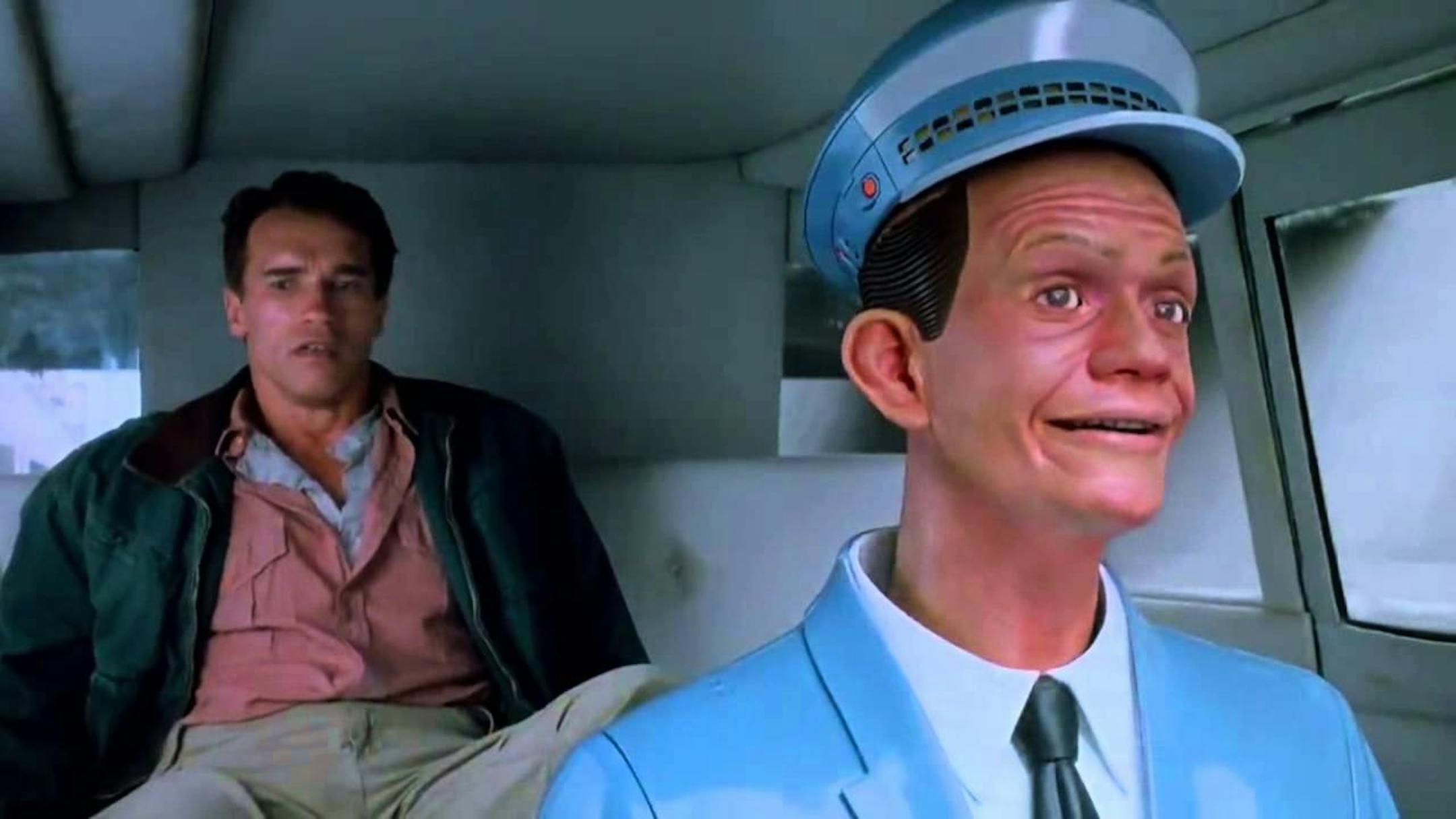 Quaid (Arnold Schwarzenegger) finds himself in a robot-driven Johnny-Cab in a famous scene from the 1990 film "Total Recall."