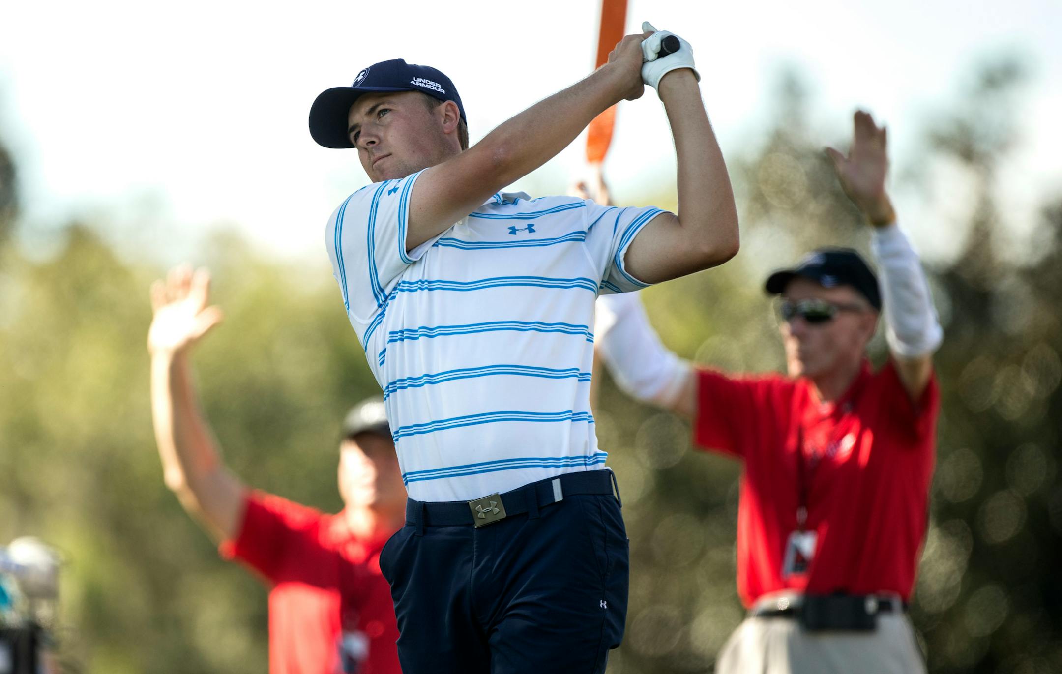 Jordan Spieth tees off on the second hole on the second hole during the third round of the Hero World Challenge golf tournament on Saturday, Dec. 6, 2014, in Windermere, Fla. (AP Photo/Willie J. Allen Jr.)
