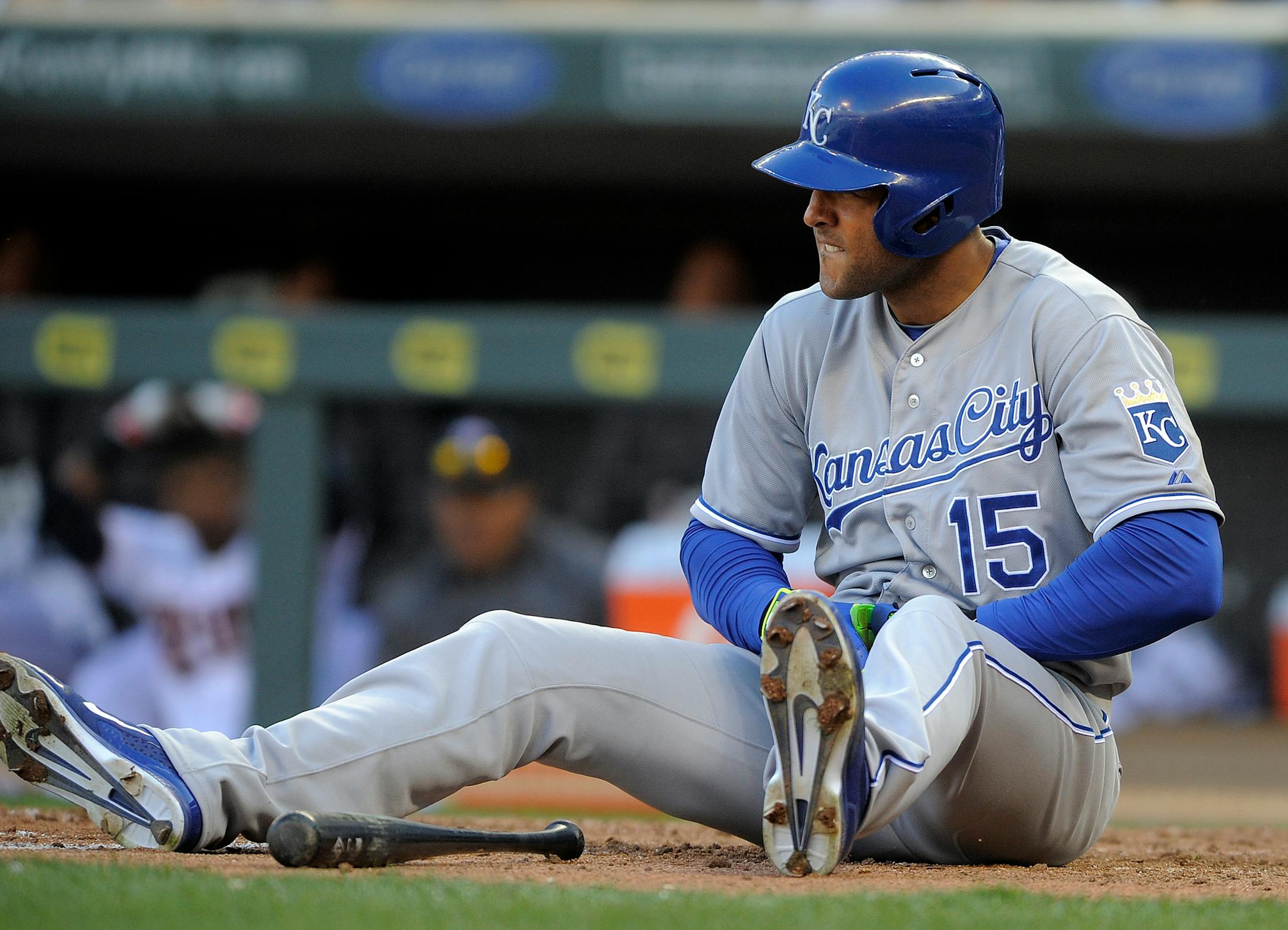 The Royals' Alex Rios looked out at Twins reliever J.R. Graham after being hit on the wrist during an April 13 game at Target Field.