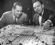 June 17, 1952 Doanld C. Dayton And Victor Gruen - Dayton Company president and architect study model of planned shopping center. Marty Nordstrom, Minn