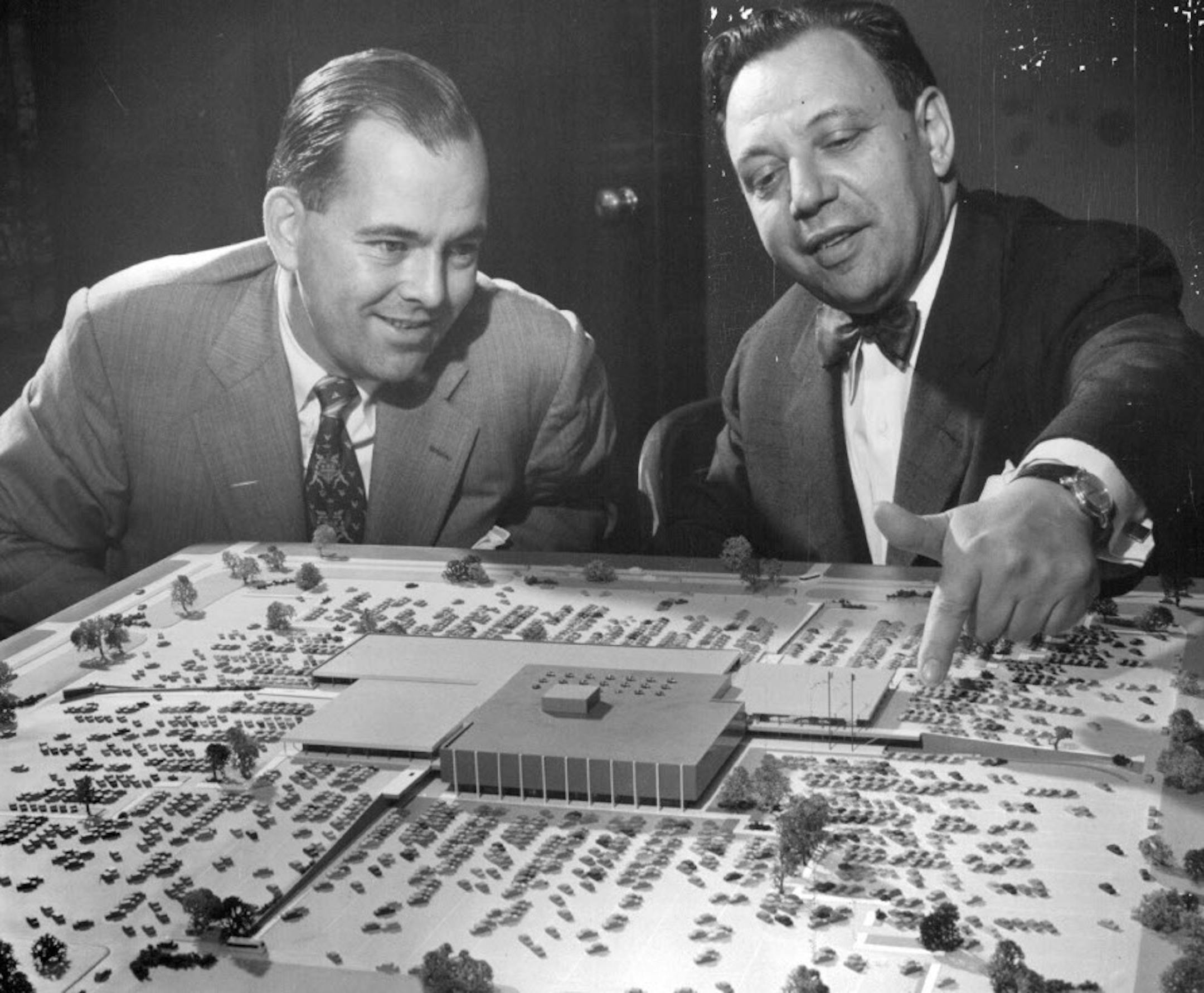 June 17, 1952 Doanld C. Dayton And Victor Gruen - Dayton Company president and architect study model of planned shopping center. Marty Nordstrom, Minneapolis Star Tribune