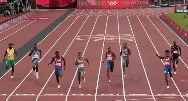 Andre De Grasse of Canada raced to win the gold medal. Hopkins’ Joe Fahnbulleh, second from left, finished fifth.