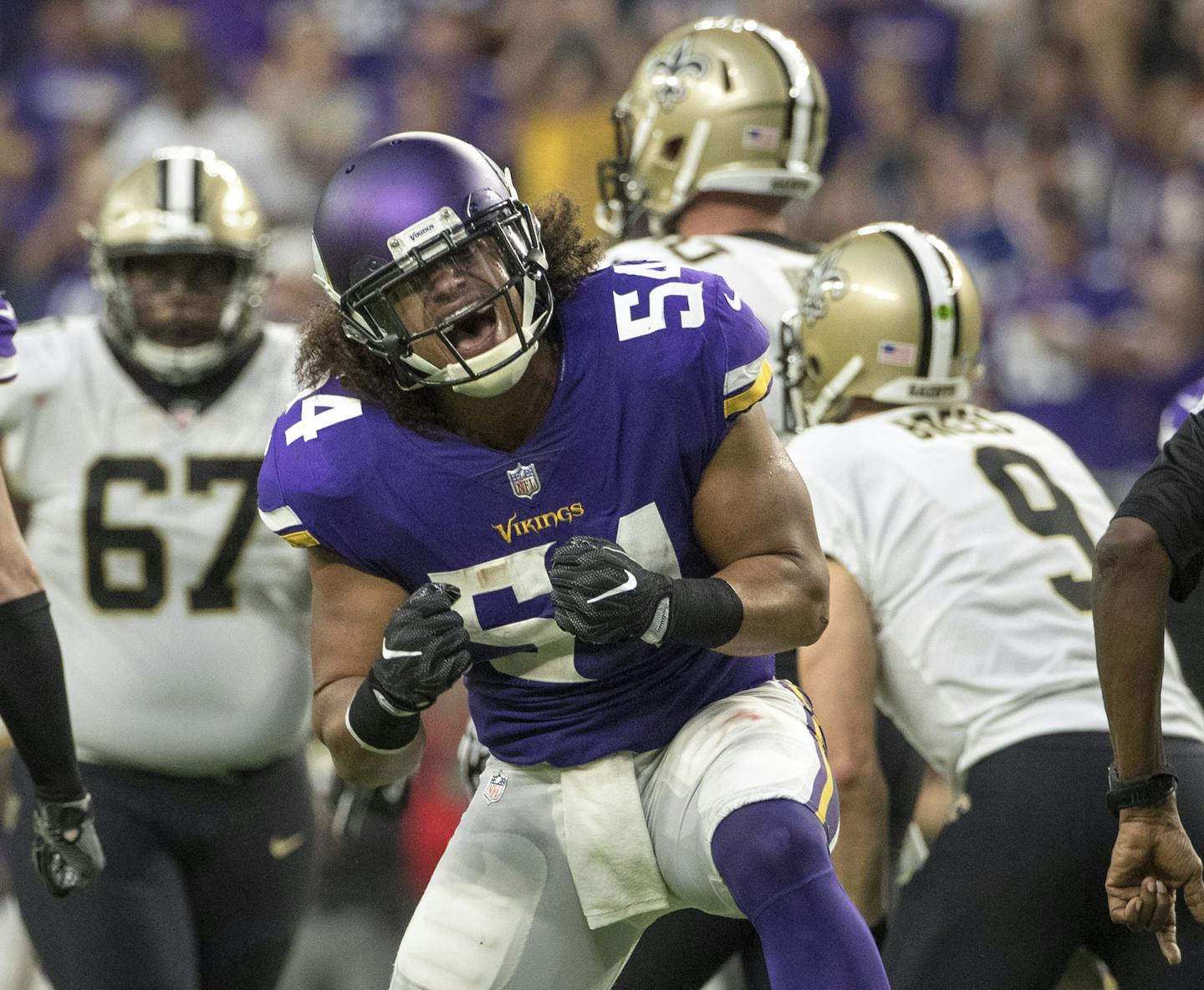 Eric Kendricks celebrates a second-quarter sack of Saints quarterback Drew Brees in the season-opener.