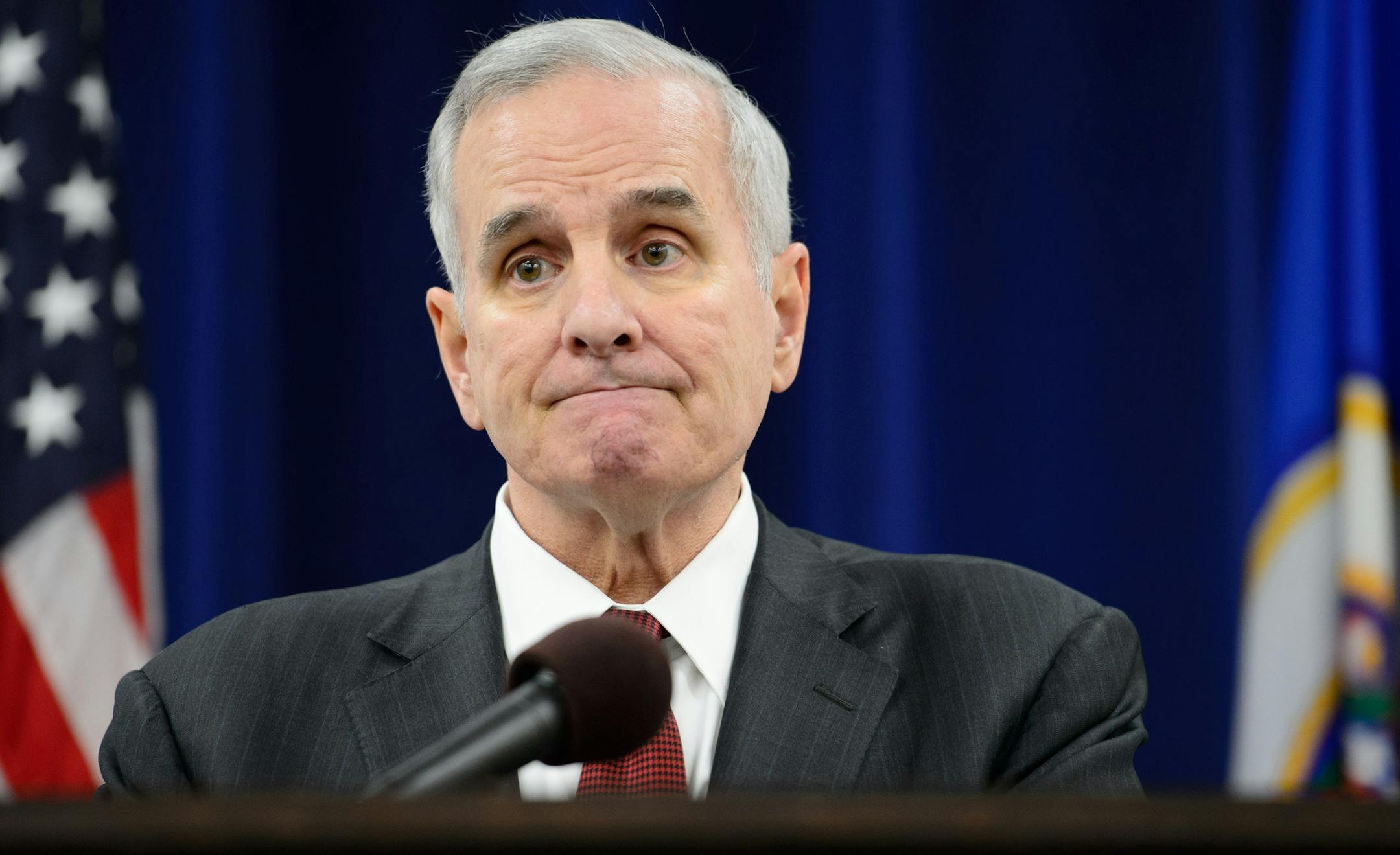 Governor Mark Dayton said he learned a "brutal" lesson today and said Tom Bakk "blindsided" him and "stabbed him in the back." ] GLEN STUBBE * gstubbe@startribune.com Thursday, February 13, 2015