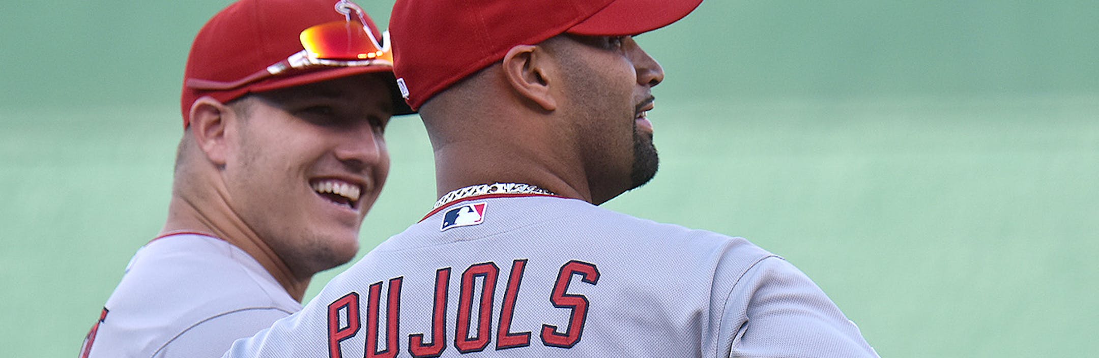 August 15, 2015: Los Angeles Angels' centerfielder Mike Trout (27) and Los Angeles Angels' first baseman Albert Pujols (5) before a Major League Baseball game between the Los Angeles Angels and the Kansas City Royals at Kauffman Stadium in Kansas City. (Icon Sportswire via AP Images) ORG XMIT: 244906