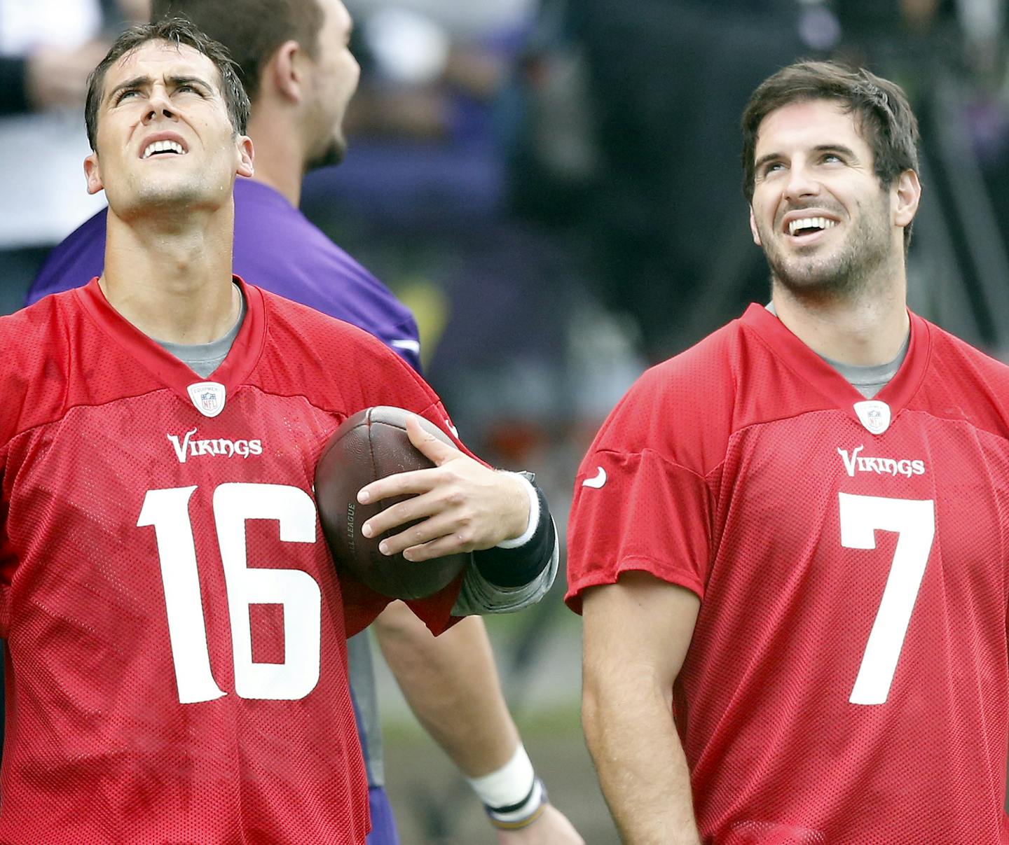 Minnesota Vikings quarterbacks Matt Cassel (16) and Christian Ponder (7) during practice on Wednesday at The Grove in Watford, England. ] CARLOS GONZALEZ cgonzalez@startribune.com September 25, 2013, Watford, England (Minnesota Vikings in London) Vikings practice at The Grove, NFL