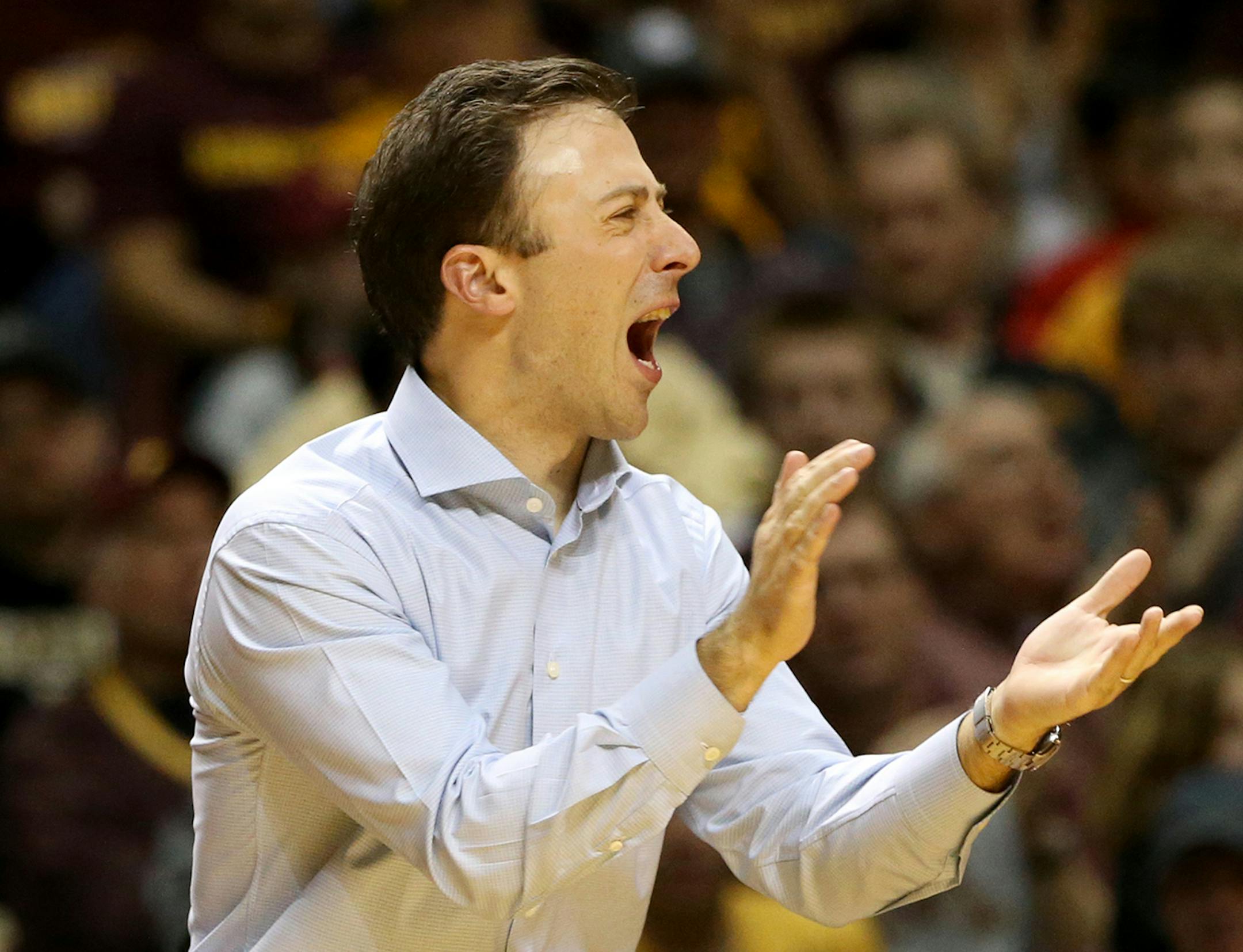 University of Minnesota head coach Richard Pitino got fired up during the second half versus Purdue. The Gophers won 62-58 Saturday, Feb. 7, 2015, at Williams Arena in Minneapolis, MN.