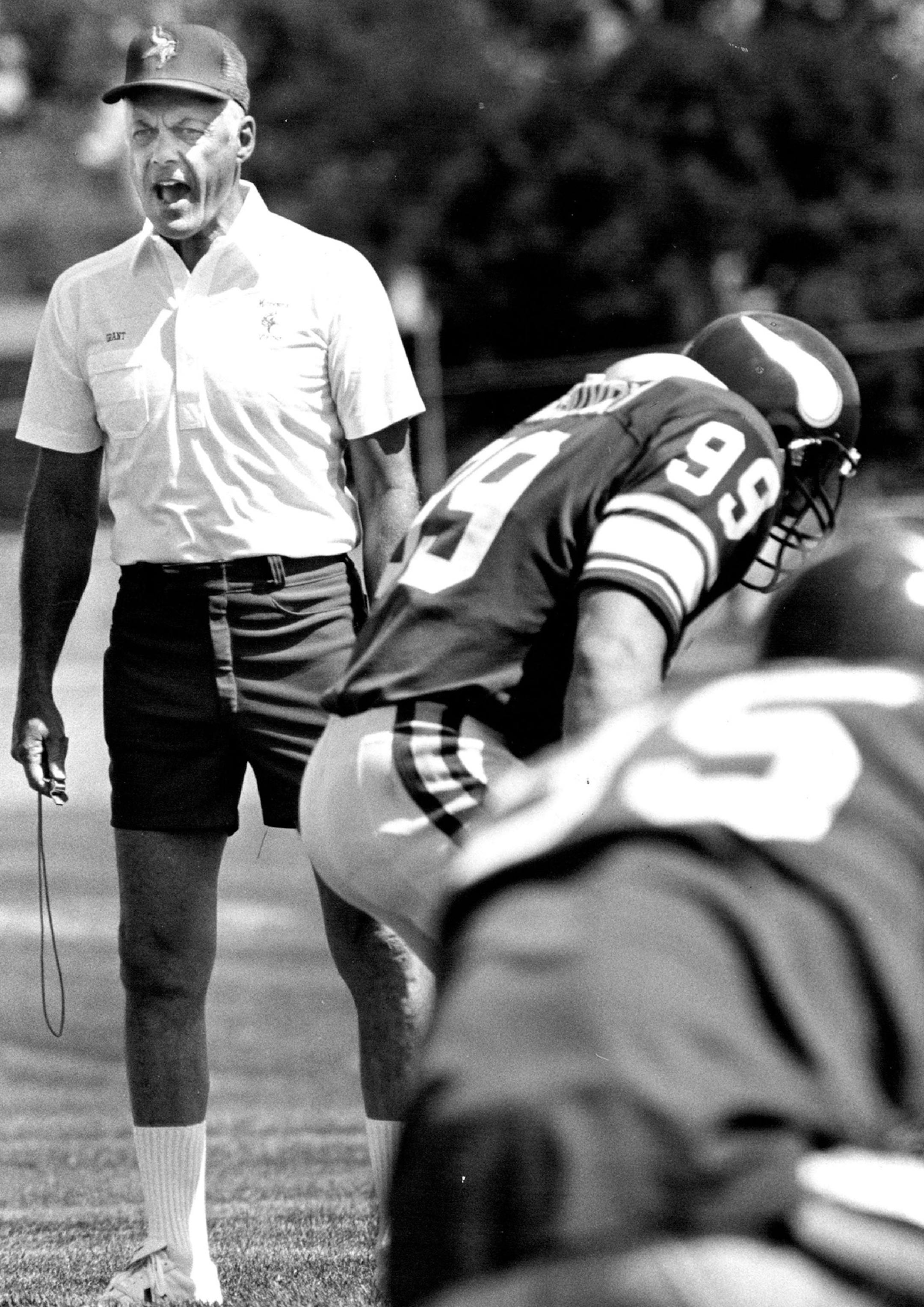 Coach Bud Grant shouted orders during his first day back at Vikings training camp in August,1985.