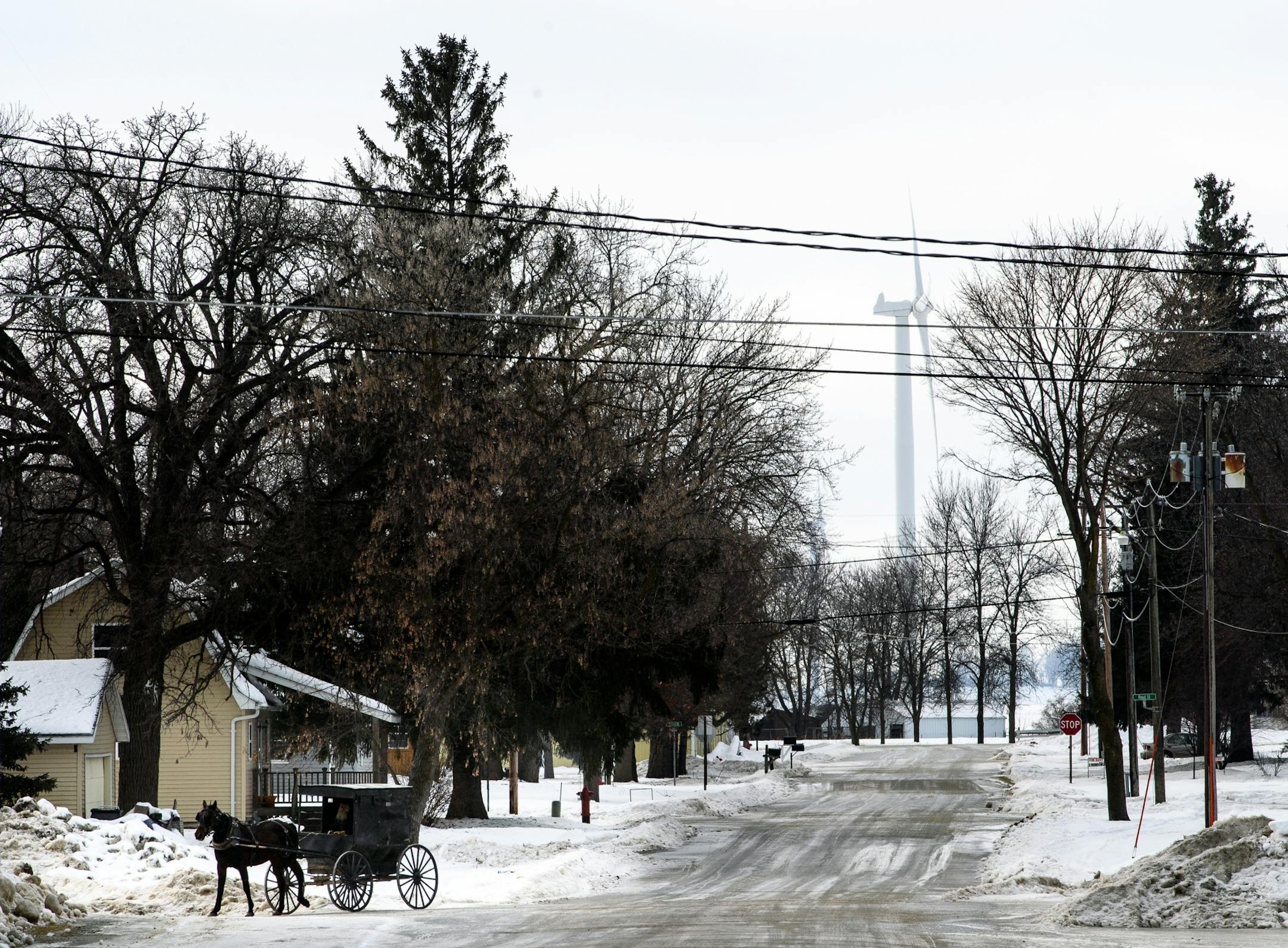 A horse-drawn buggy navigated the icy streets of Le Roy, Minn Tuesday.