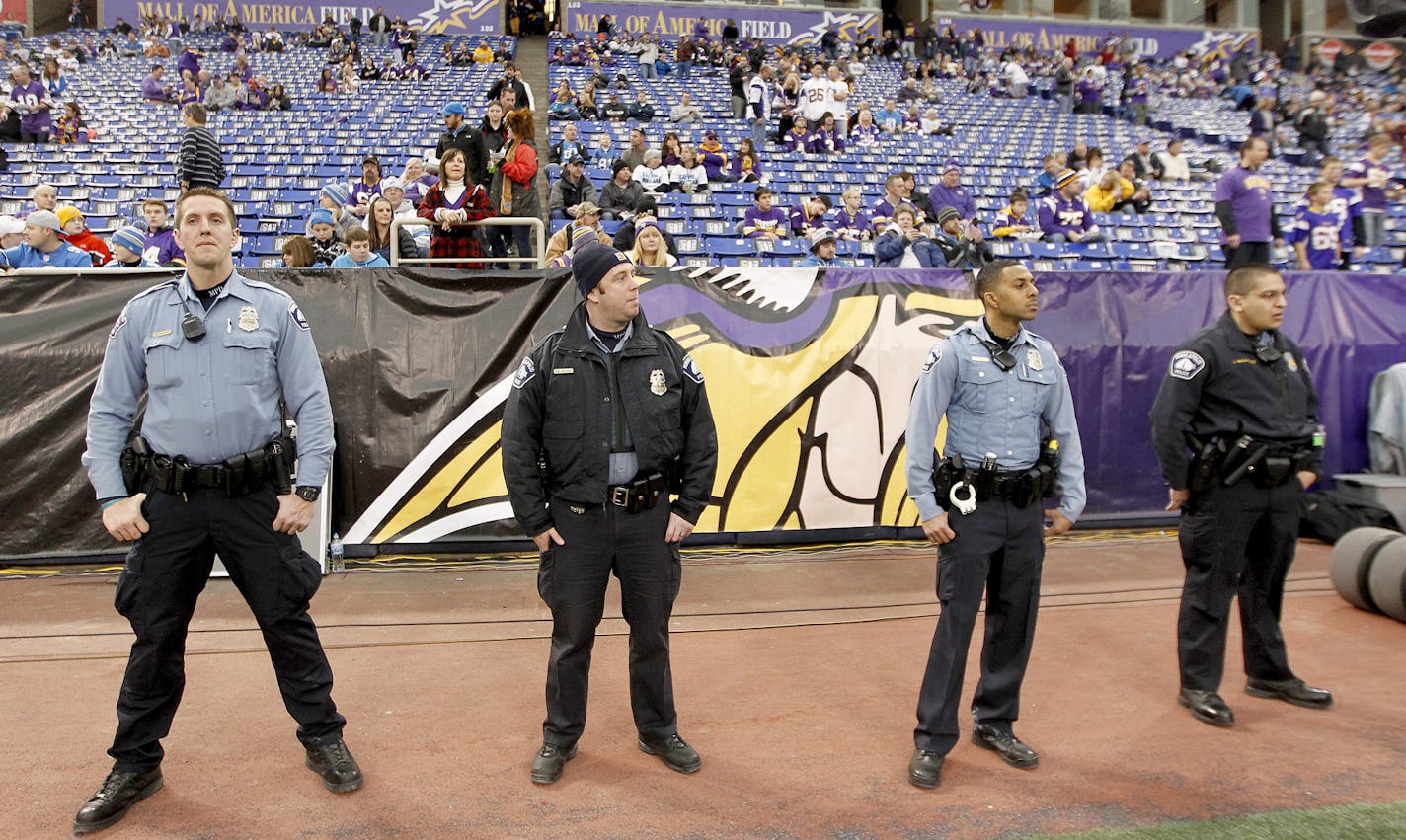 An increase in security was expected on and off the field before the Vikings took on the Detroit Lions at Mall of America Field, Sunday, December 29, 2013 in Minneapolis, MN. (ELIZABETH FLORES/STAR TRIBUNE) ELIZABETH FLORES &#x2022; eflores@startribune.com