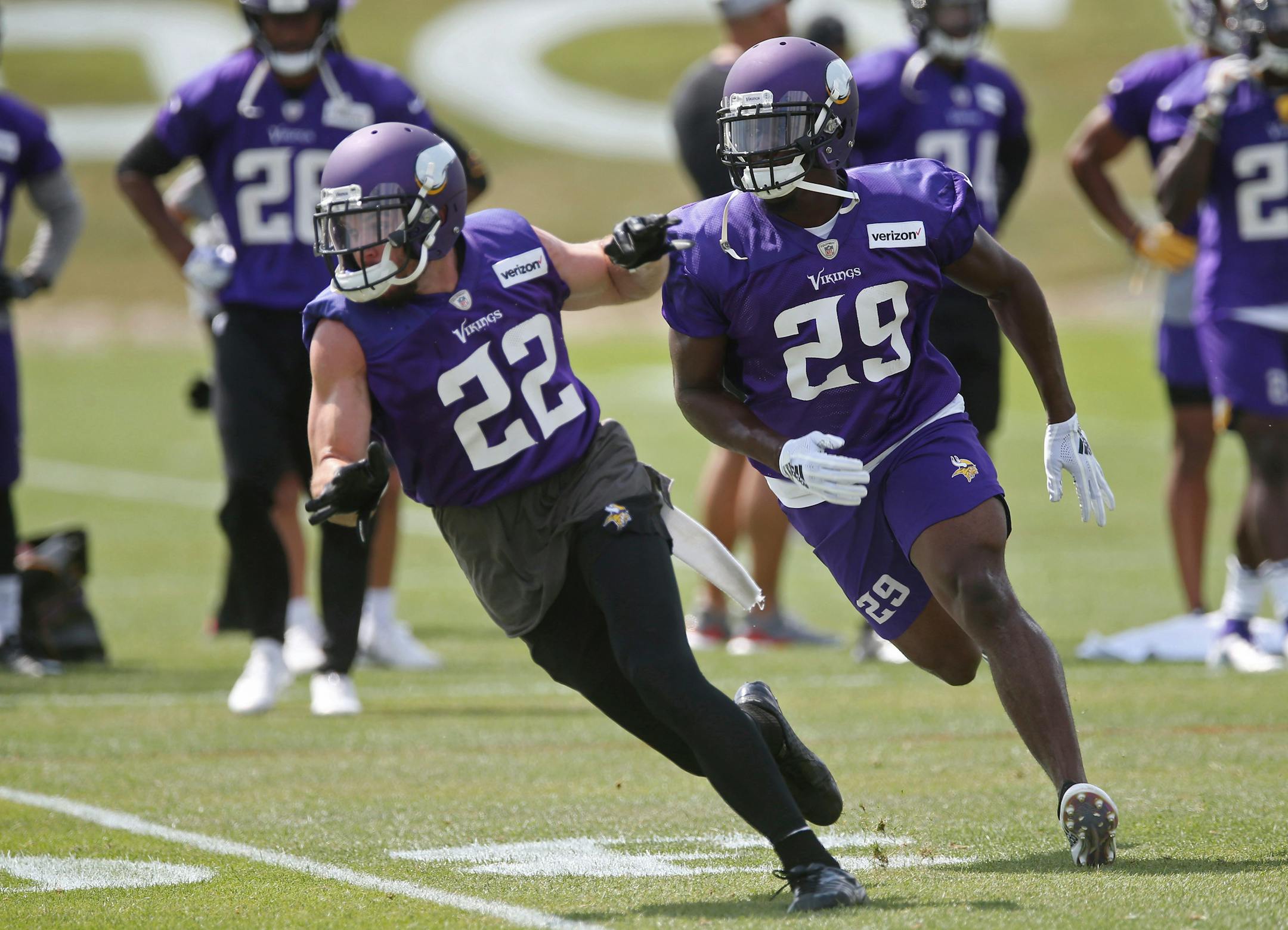 Vikings safety Harrison Smith, left, and cornerback Xavier Rhodes during a practice late last month in Eagan.
