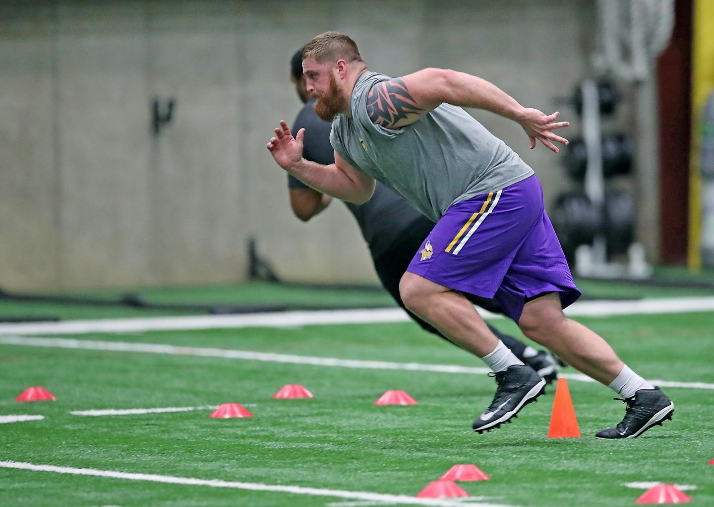 Minnesota Vikings newly acquired player Mike Remmers worked out on a bike at Winter Park, Tuesday, April 25, 2017 in Eden Prairie, MN.