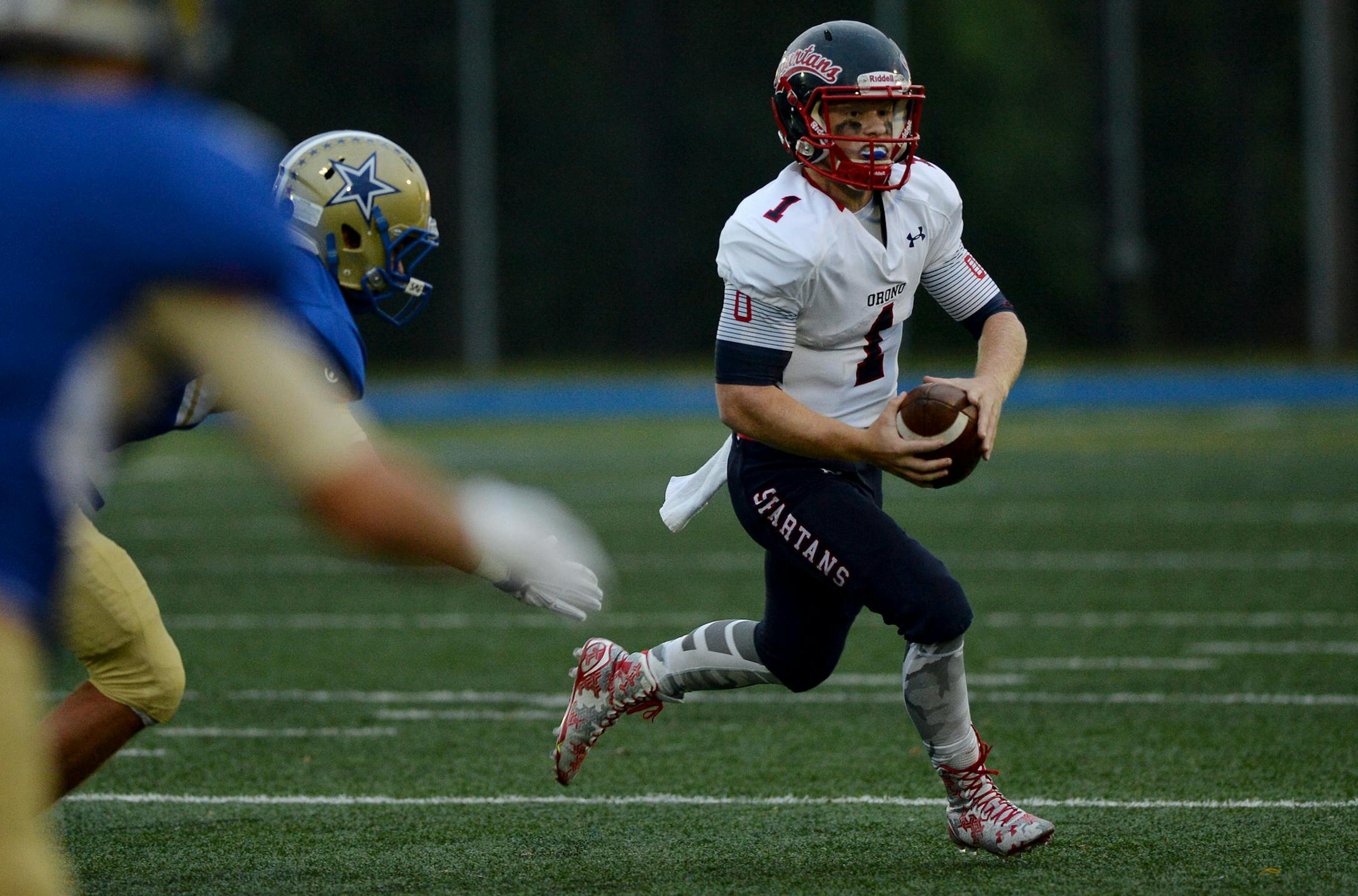 ___ during the __ quarter at the Orono vs Holy Angels football game at Holy Angels Academy in Richfield, Minn. on Friday September 11, 2015. ] RACHEL WOOLF ___ defeated ___ ___.