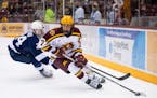 Gophers Pitlick Rhett (77) skates in the Big Ten men's hockey semifinals against Penn State on March 12, 2022. Gophers won 3-2. Photo by Brad Rempel, 