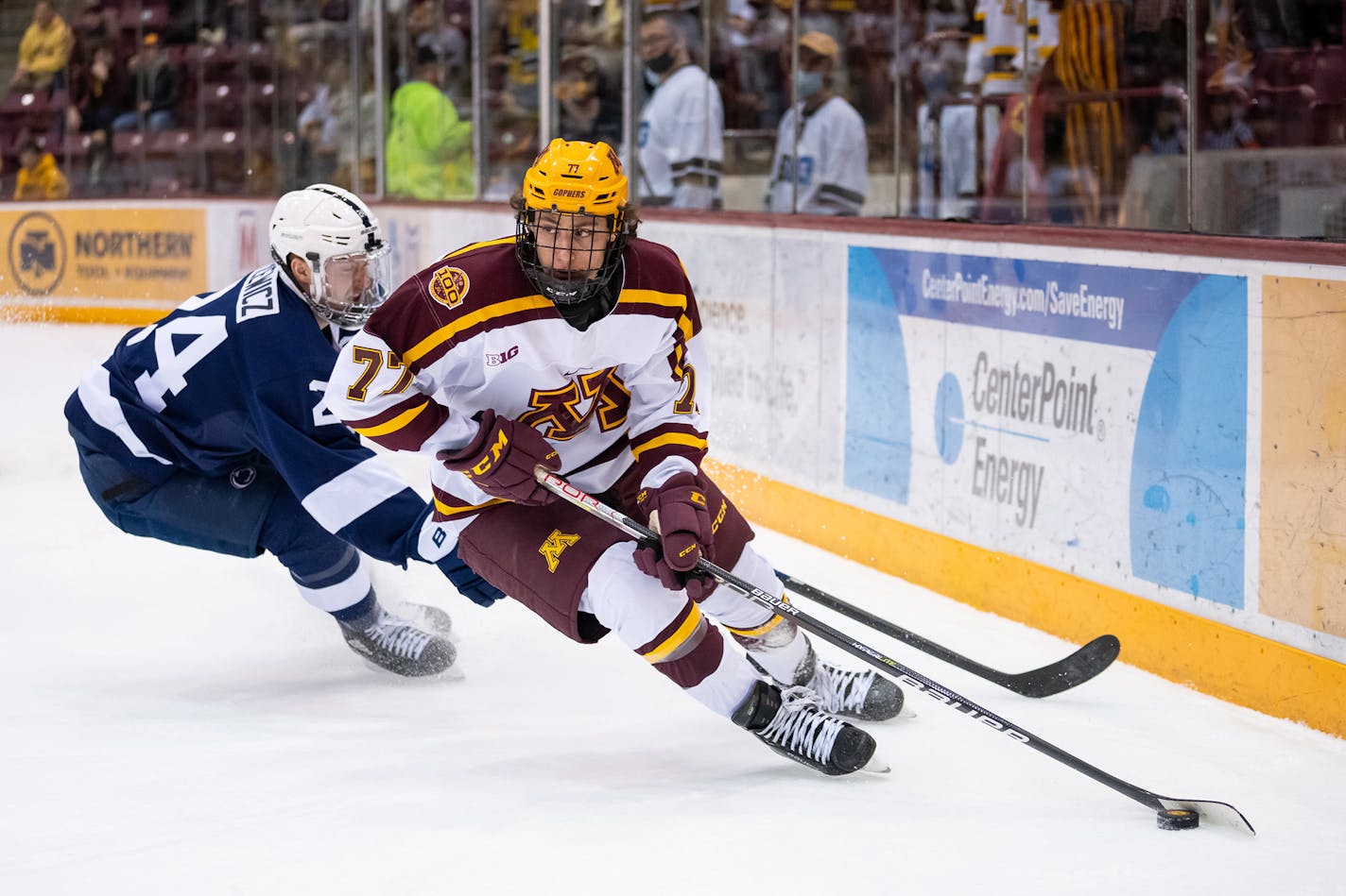 Gophers Pitlick Rhett (77) skates in the Big Ten men's hockey semifinals against Penn State on March 12, 2022. Gophers won 3-2. Photo by Brad Rempel, U of Minnesota