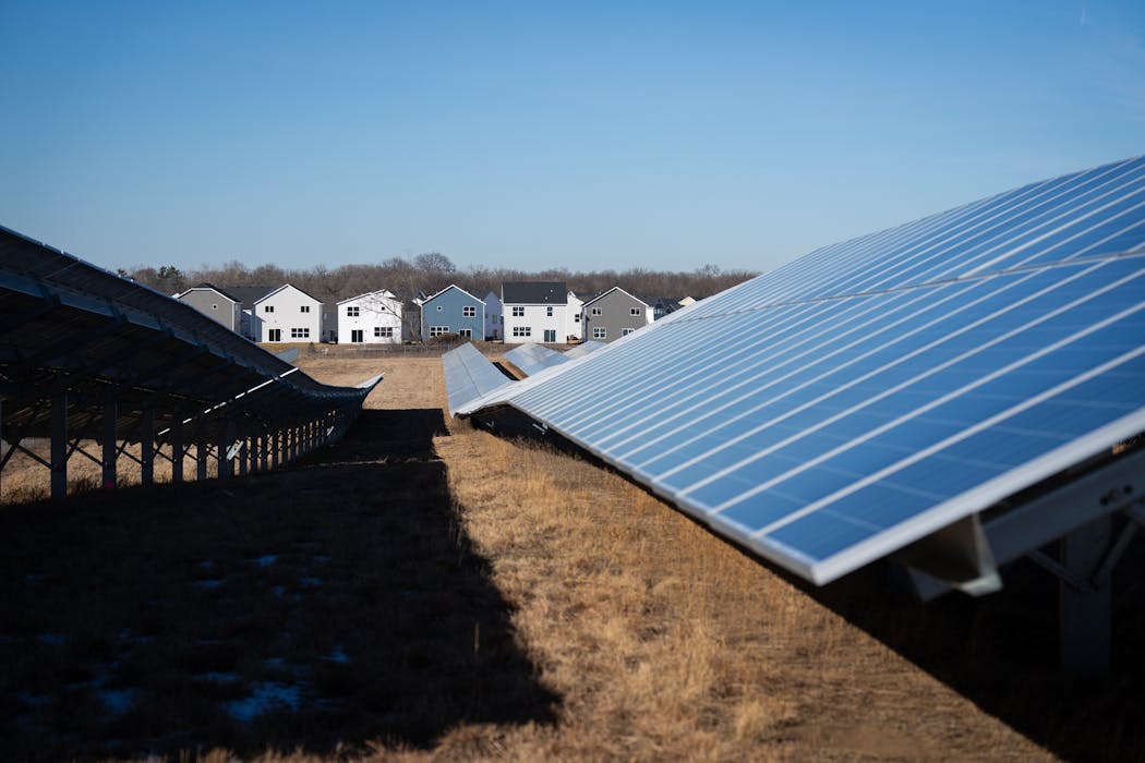 Houses lined one edge of property at the Connexus solar-plus-storage facility in Ramsey on Feb. 29.