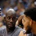 In this Nov. 15, 2015, file photo, Timberwolves forward Kevin Garnett, left, talks with Karl-Anthony Towns
