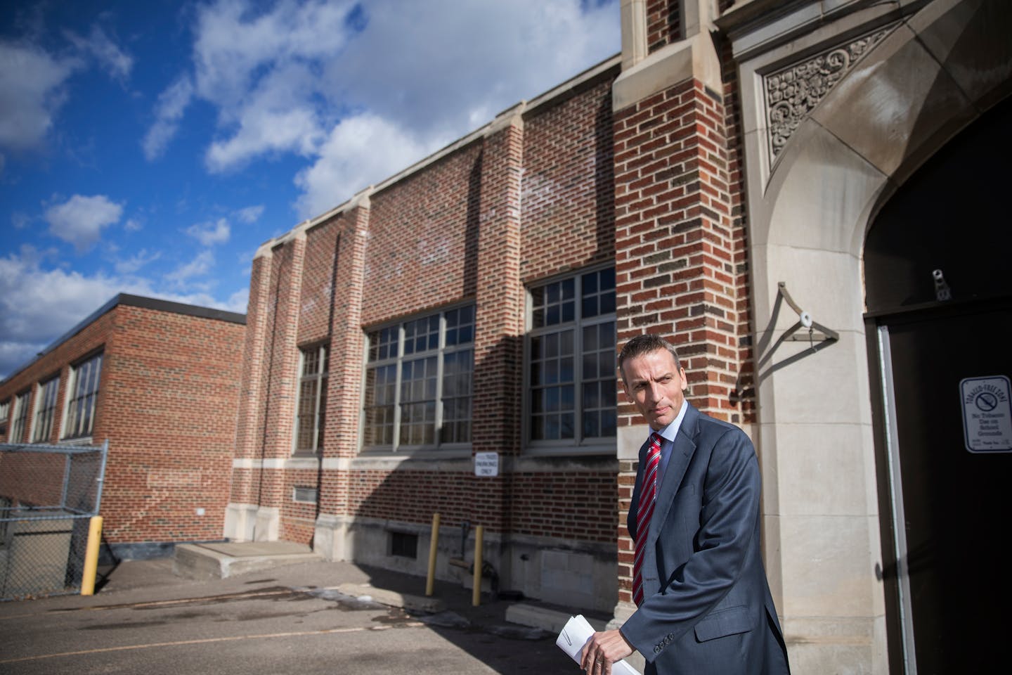 Minneapolis Public Schools Superintendent Ed Graff leaves after a visit to Patrick Henry High School in February.