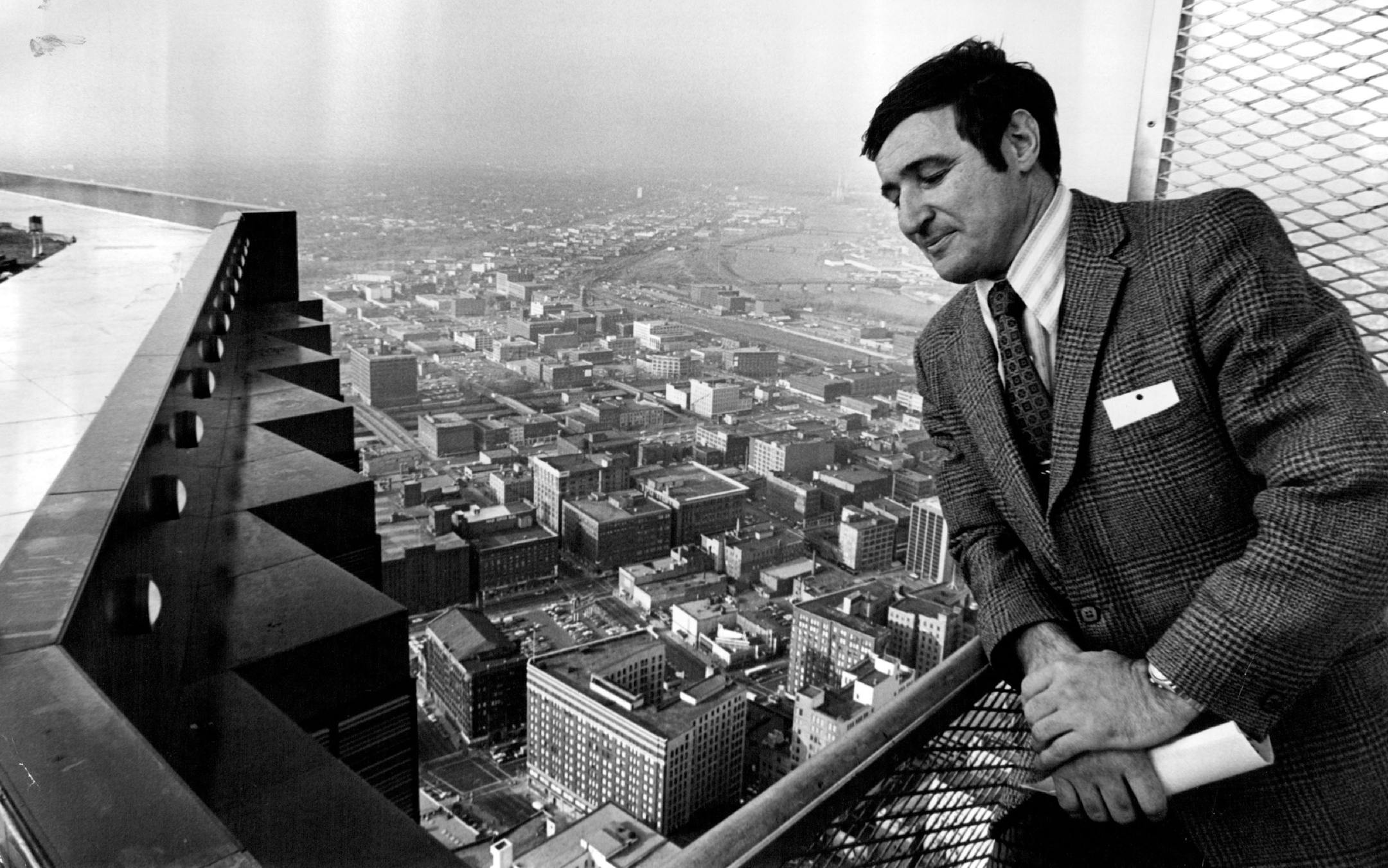 October 26, 1972: Jim Klobuchar on window washing rig near top of IDS.