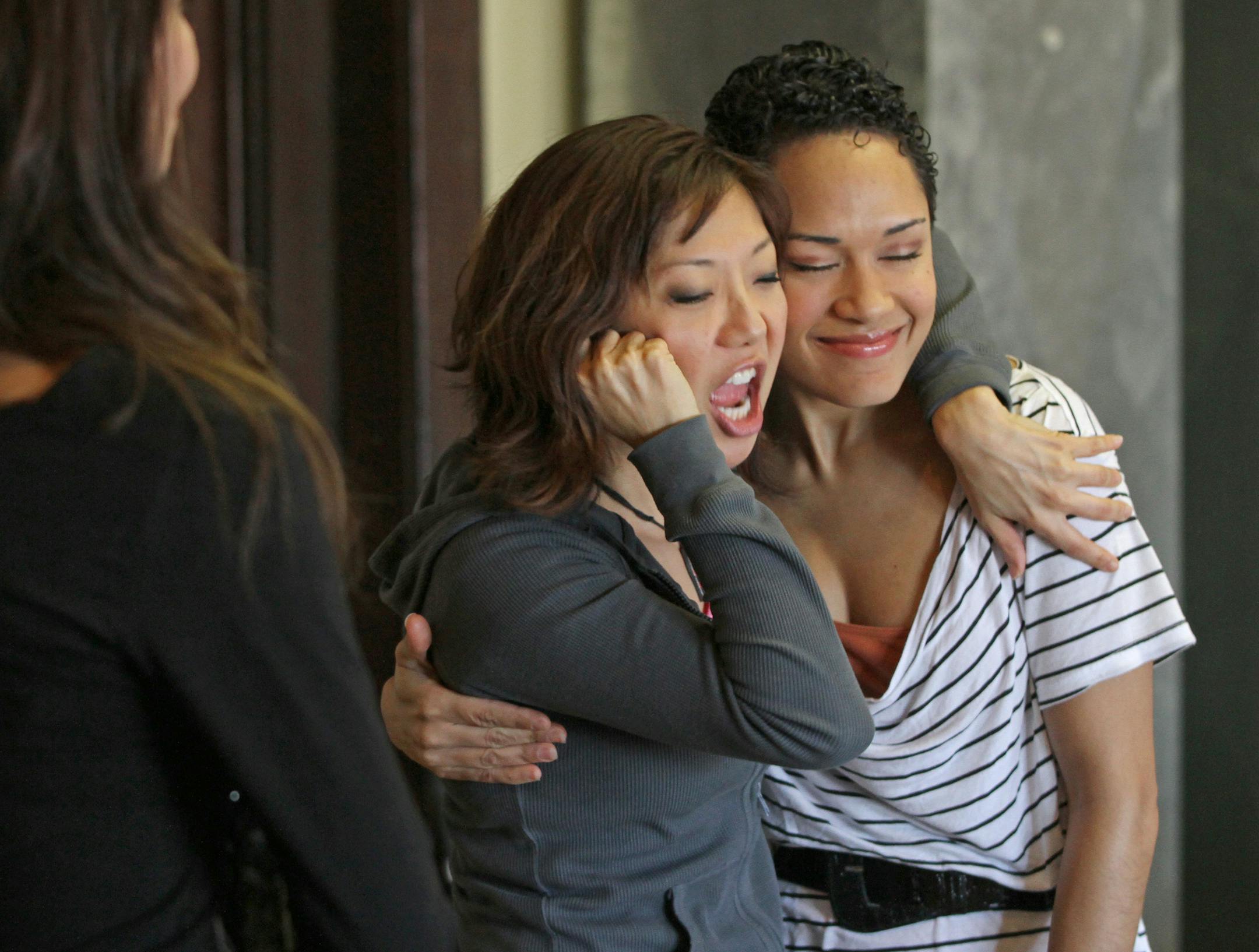 (left to right) Laurine Price as Michaela, Sun Mee Chomet as Devon and Grace Gealey as Simone rehearsed a scene in the Mixed Blood Theatre production of "Elemeno Pea". They were rehearsing at the Mixed Blood Theatre on 2/12/13.] Bruce Bisping/Star Tribune bbisping@startribune.com Laurine Price, Sun Mee Chomet and Grace Gealey/source. ORG XMIT: MIN1302121625261553