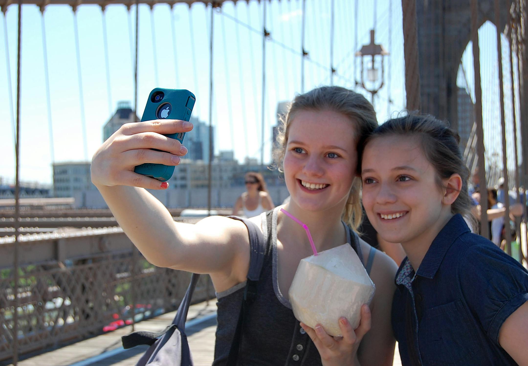 When traveling with teens, there must be selfies. Here, Anya (left) and Talia Magnuson of Minneapolis stop for a quick snapshot on while walking the Brooklyn Bridge from Brooklyn to Manhattan in July 2014.