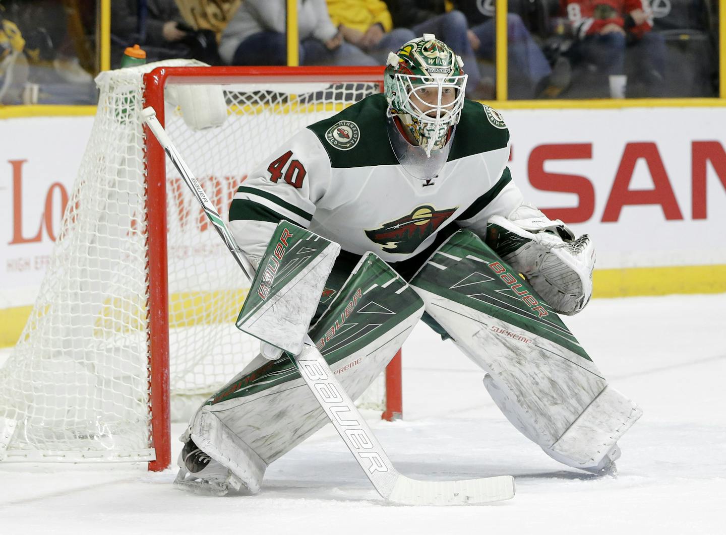 Minnesota Wild goalie Devan Dubnyk plays against the Nashville Predators during the second period of an NHL hockey game Thursday, Dec. 15, 2016, in Nashville, Tenn. (AP Photo/Mark Humphrey)