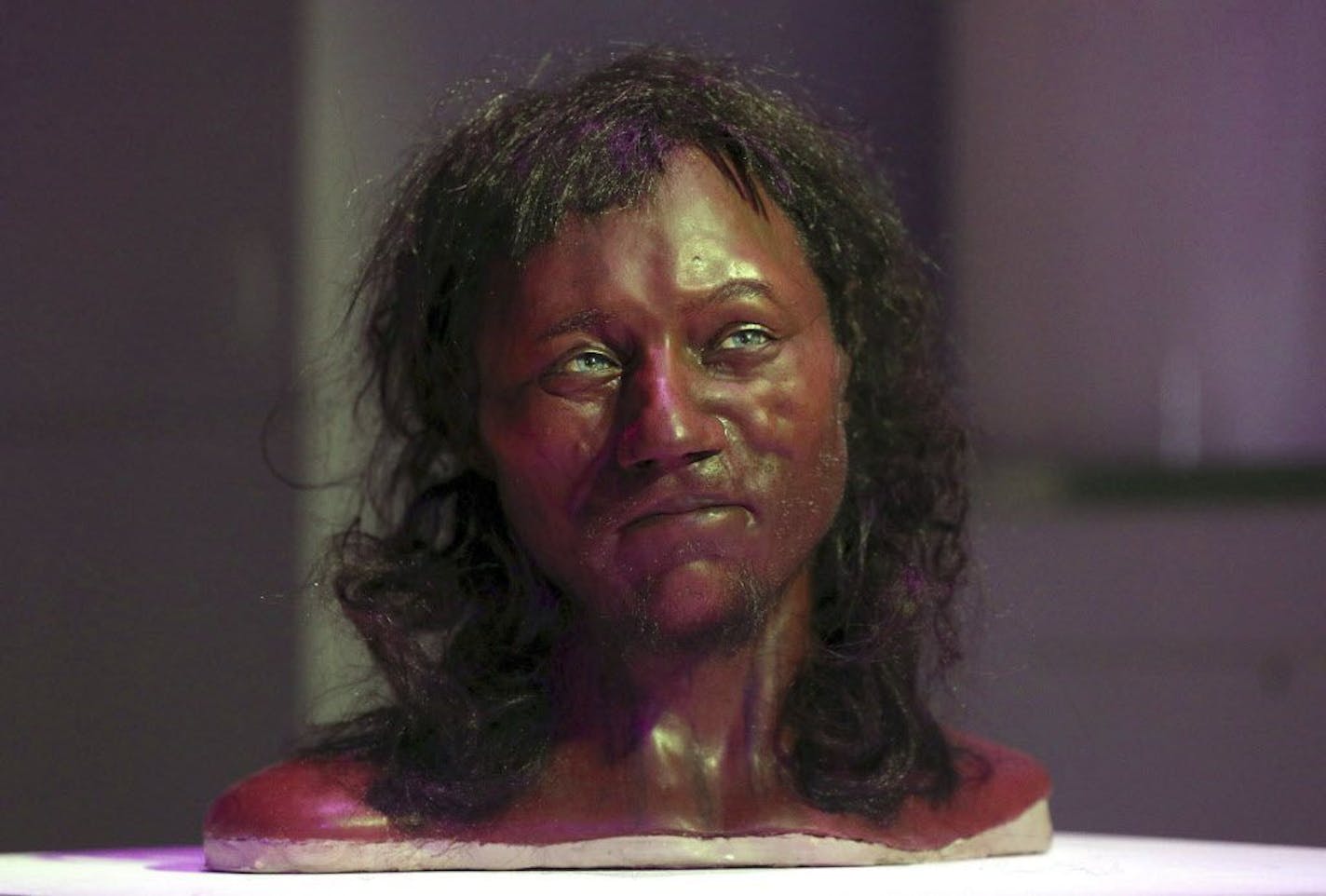 Full facial reconstruction model of a head based on the skull of Britain's oldest complete skeleton on display during a screening event of The First Brit: Secrets Of The 10,000 Year Old Man at The Natural History Museum, in London Wednesday Feb. 7, 2018. DNA from a 10,000-year-old skeleton found in an English cave suggests he had dark skin and blue eyes. Scientists from Britain's Natural History Museum and University College London have analyzed the genome of "Cheddar Man," who was found in Ched